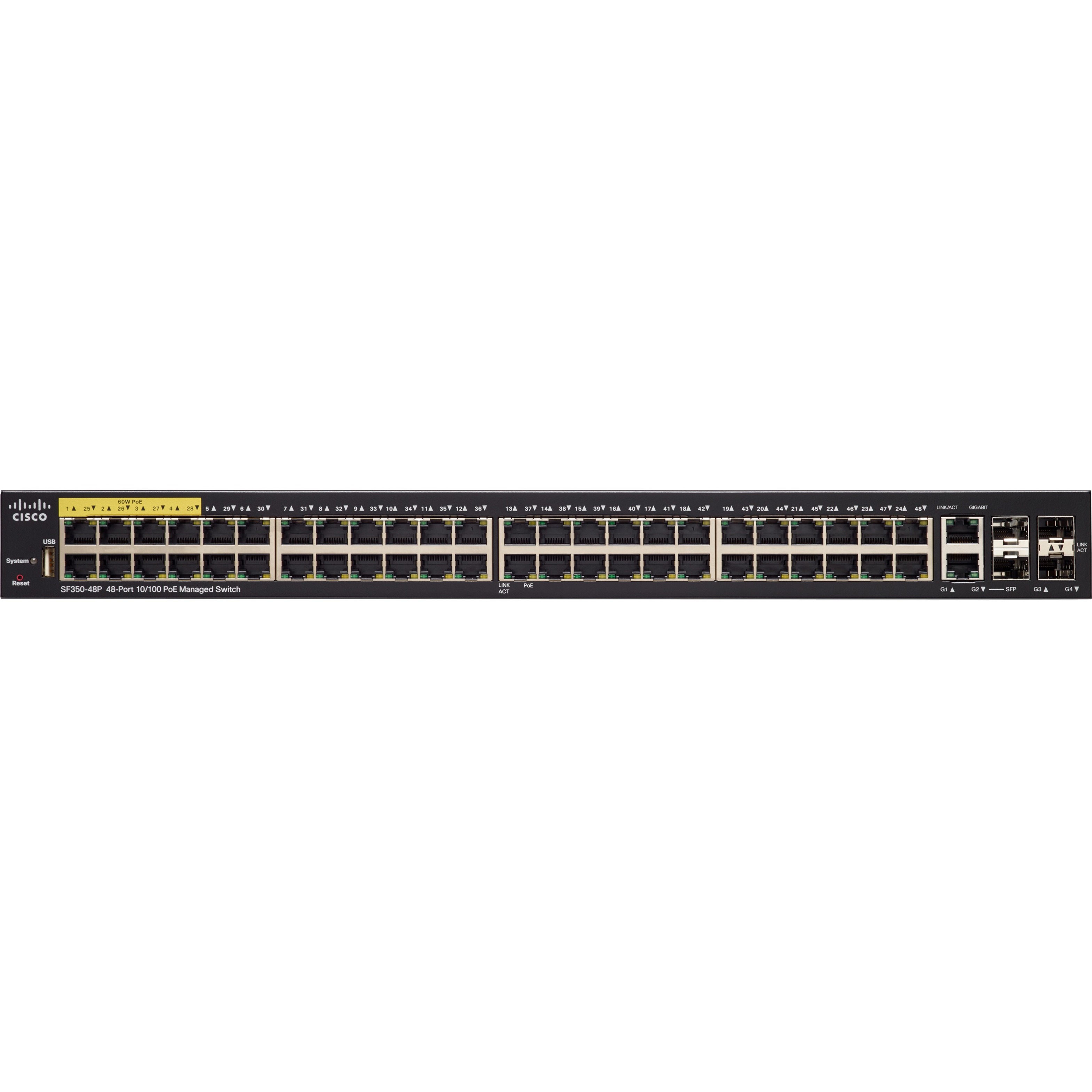 Cisco SF350-48P Ethernet Switch - 50 Ports - Manageable - Gigabit Ethernet, Fast Ethernet - 10/100/1000Base-T, 10/100Base-T, 1000Base-X - 3 Layer Supported - Modular - 4 SFP Slots - 52.10 W Power Cons