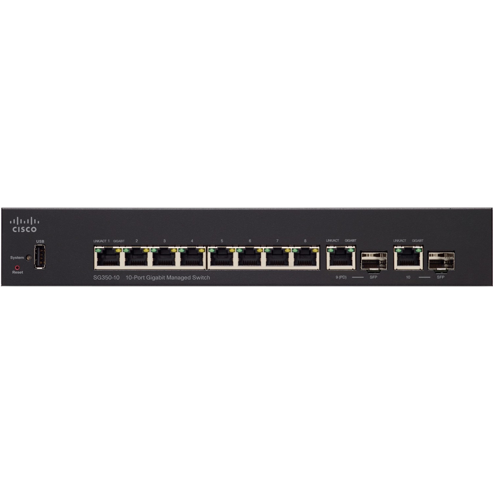 Cisco SG350-10 Ethernet Switch - 10 Ports - Manageable - Gigabit Ethernet - 10/100/1000Base-T, 1000Base-X - 3 Layer Supported - Modular - 2 SFP Slots - 9.80 W Power Consumption - Optical Fiber, Twiste