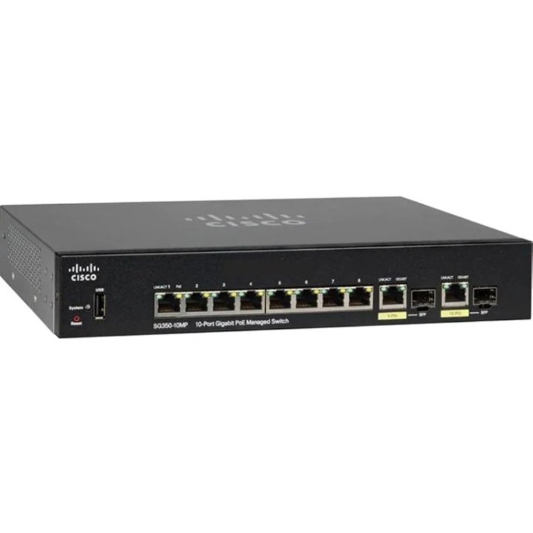 Cisco SG350-10MP Ethernet Switch - 10 Ports - Manageable - Gigabit Ethernet - 10/100/1000Base-T, 1000Base-X - 3 Layer Supported - Modular - 2 SFP Slots - 13.50 W Power Consumption - 124 W PoE Budget -