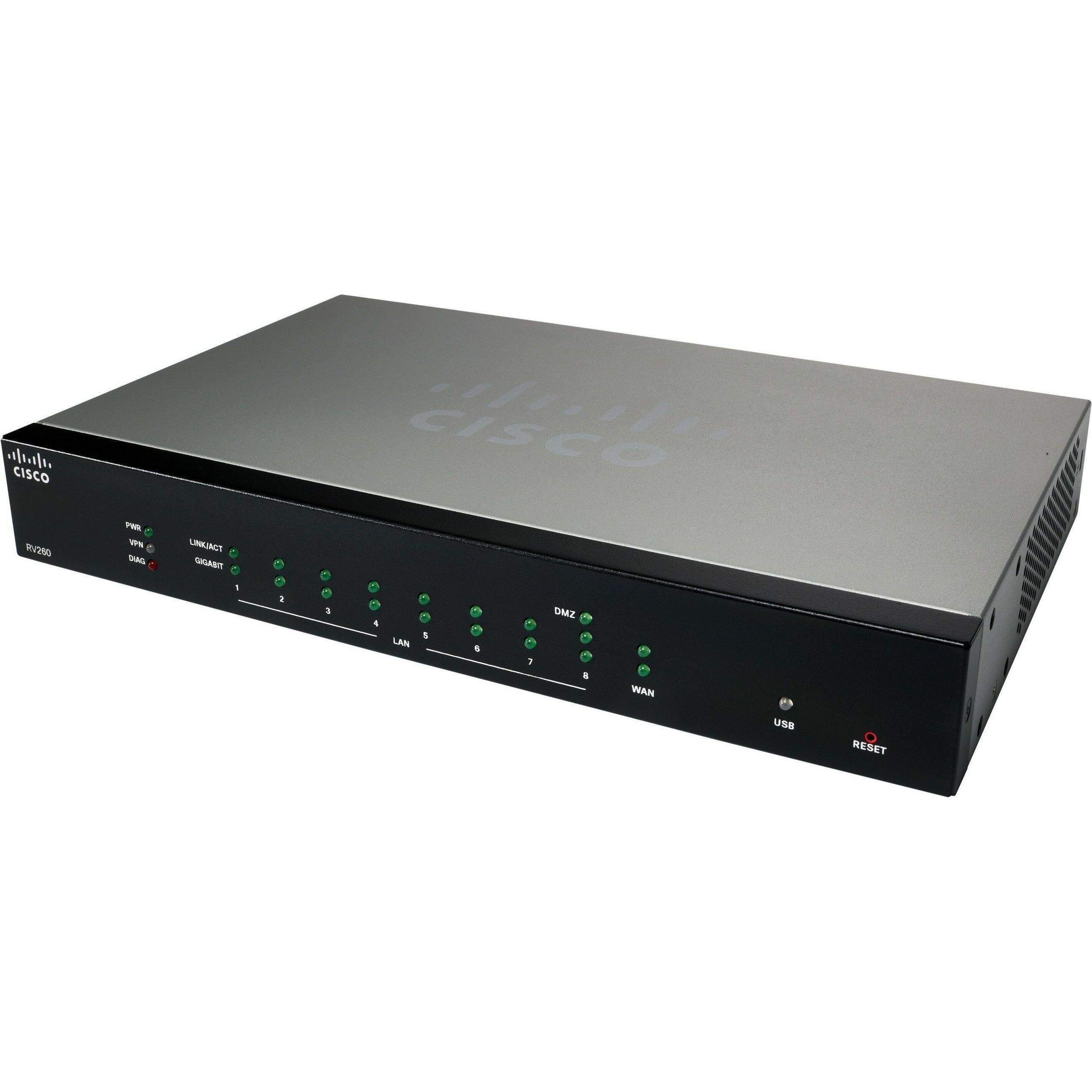 Cisco RV260 VPN Router - 9 Ports - 8 RJ-45 Port(s) - 1 WAN Port(s) - Management Port - 1 SFP (mini-GBIC) Slots - Gigabit Ethernet - IEEE 802.1x Lifetime Warranty