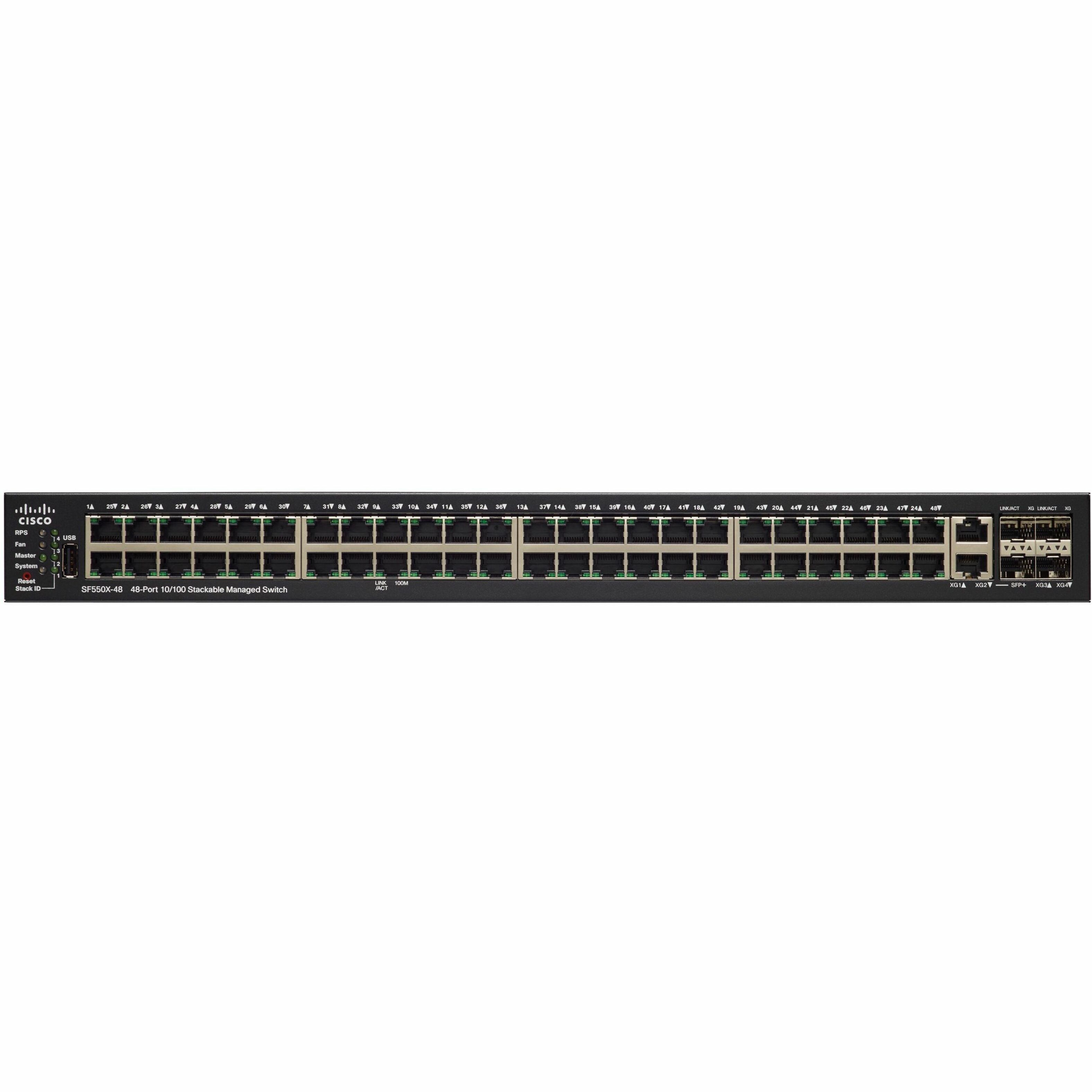 Cisco SF550X-48 Layer 3 Switch - 50 Ports - Manageable - Fast Ethernet, 10 Gigabit Ethernet - 10/100Base-T, 10GBase-X, 10GBase-T - Refurbished - 3 Layer Supported - Modular - Twisted Pair, Optical Fib