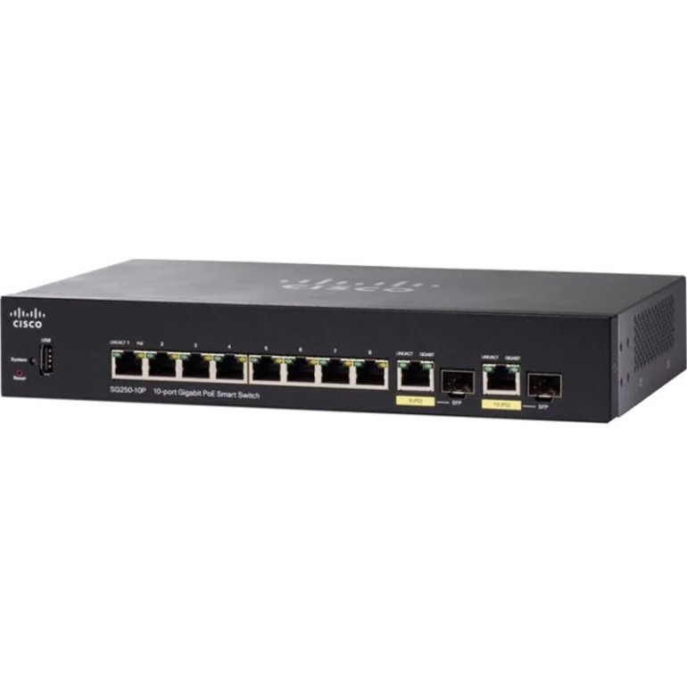 Cisco SG250-10P 10-Port Gigabit PoE Smart Switch - 10 Ports - Manageable - Gigabit Ethernet - 1000Base-T, 1000Base-X - Refurbished - 2 Layer Supported - Modular - 2 SFP Slots - Twisted Pair, Optical F
