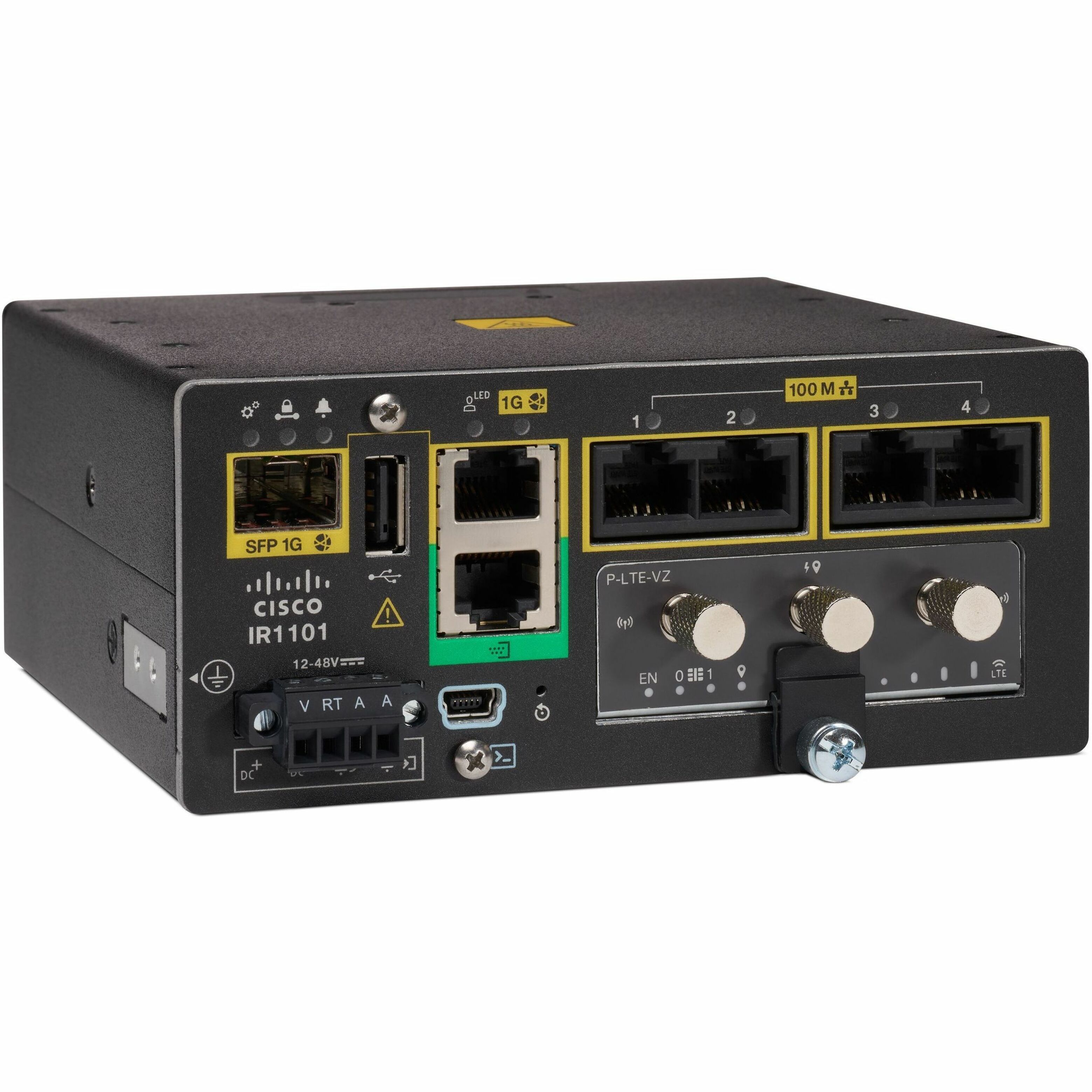 Cisco Catalyst IR1101 Router - 5 Ports - 4 RJ-45 Port(s) - 1 WAN Port(s) - Management Port - 1 SFP Slots - 4 GB - Gigabit Ethernet - IEEE 802.1Q, IEEE 802.1D - Wall Mountable, Panel Mount, DIN Rail - 