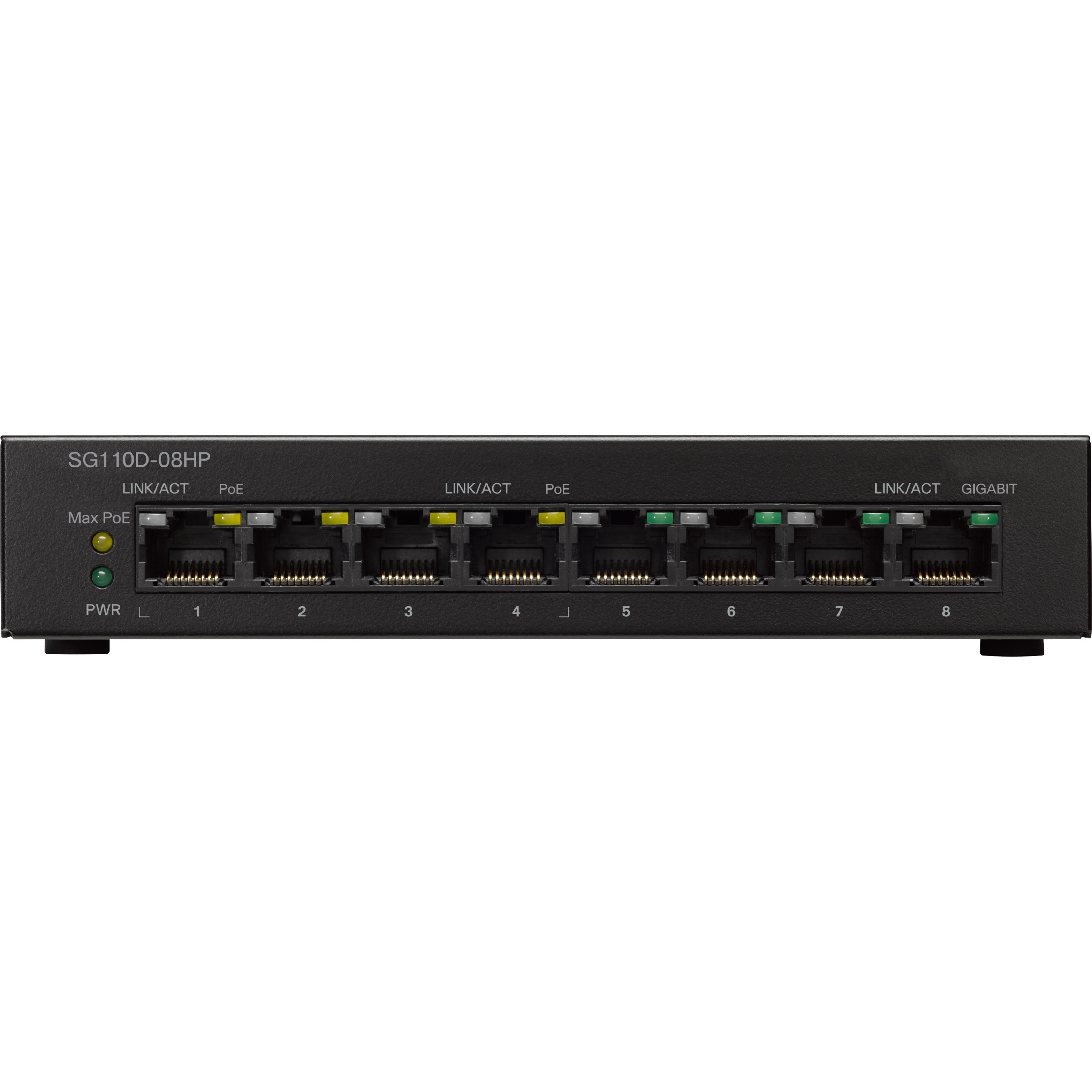 Cisco SG110D-08HP Ethernet Switch - 8 Ports - Gigabit Ethernet - 10/100/1000Base-T - Refurbished - 2 Layer Supported - 32 W PoE Budget - Twisted Pair - PoE Ports - Desktop, Rack-mountable - Lifetime L