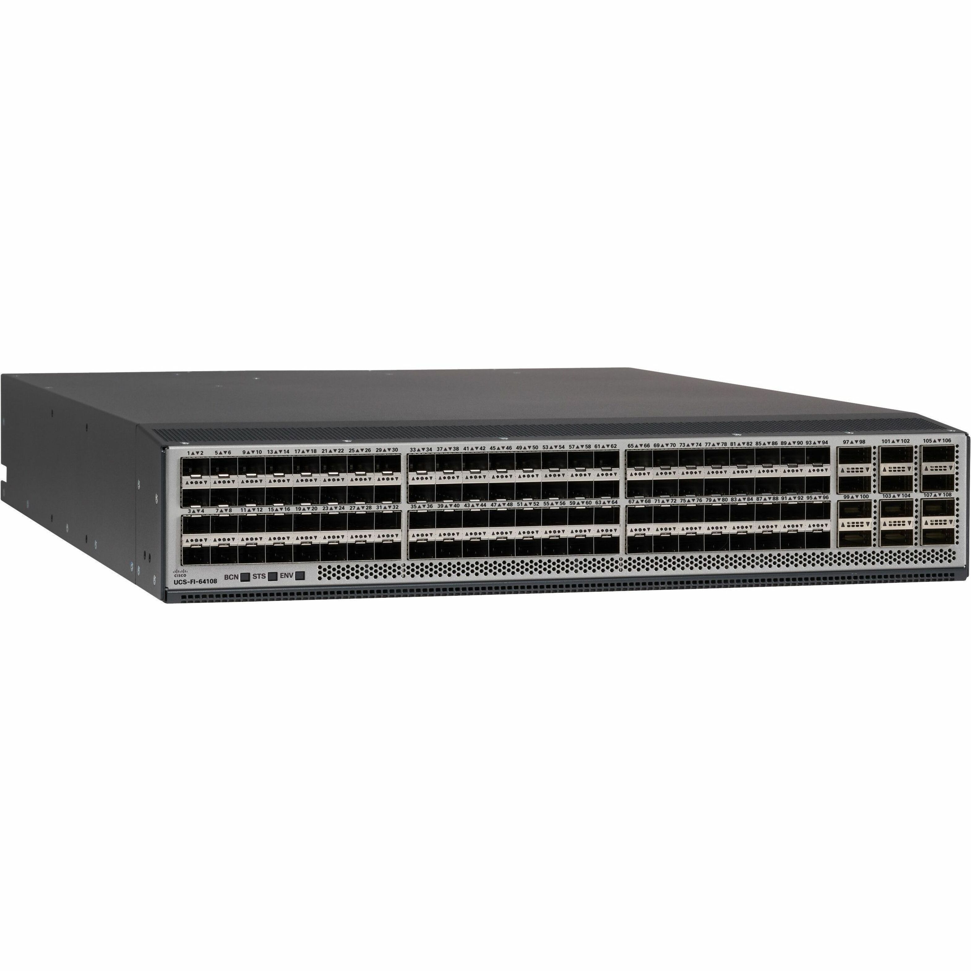 Cisco UCS 64108 Fibre Channel Switch - 108 Fiber Channel Ports - 8 x RJ-45 - 100 Gigabit Ethernet - 108 x Total Expansion Slots - QSFP28, SFP28 - Manageable - Rack-mountable - 2U - Redundant Power Sup