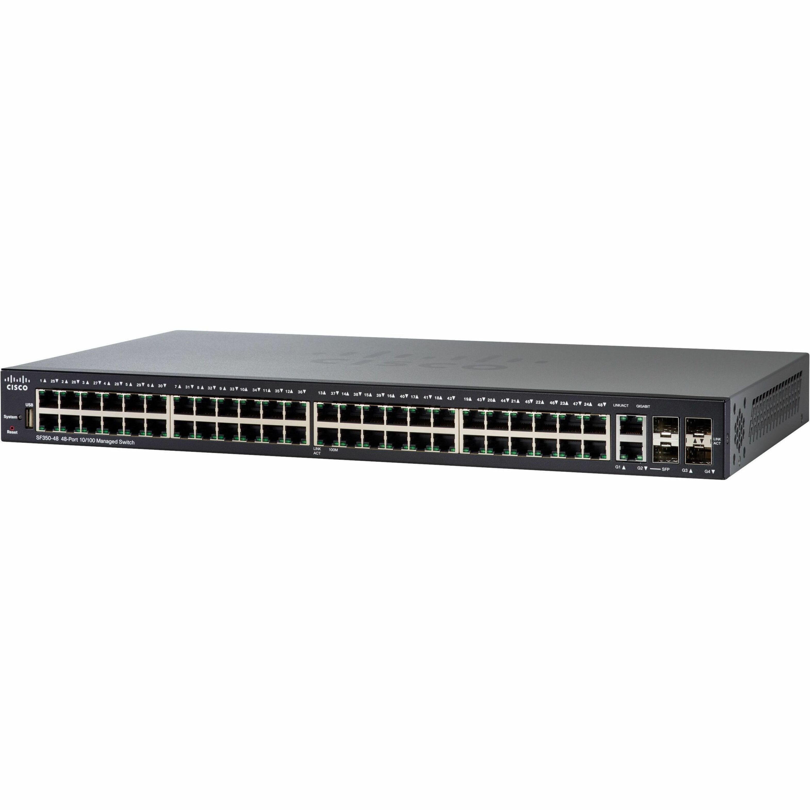 Cisco SF350-48 48-Port 10 100 Managed Switch - 48 Ports - Manageable - Gigabit Ethernet, Fast Ethernet - 10/100Base-TX, 1000Base-X, 10/100/1000Base-TX - Refurbished - 3 Layer Supported - Modular - 2 S