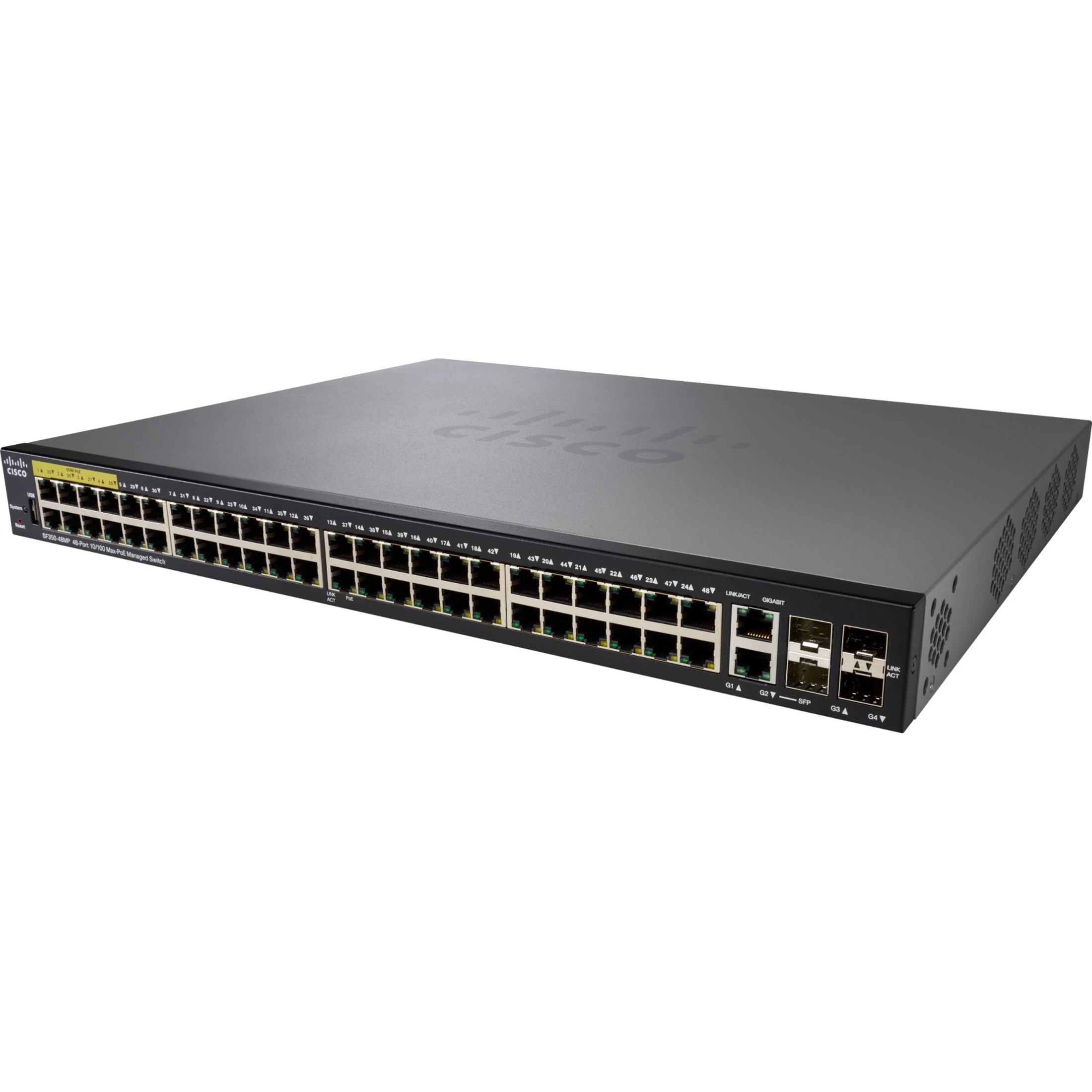 Cisco SF350-48MP 48-Port 10 100 PoE Managed Switch - 48 Ports - Manageable - Gigabit Ethernet, Fast Ethernet - 10/100Base-TX, 1000Base-X, 10/100/1000Base-TX - Refurbished - 3 Layer Supported - Modular