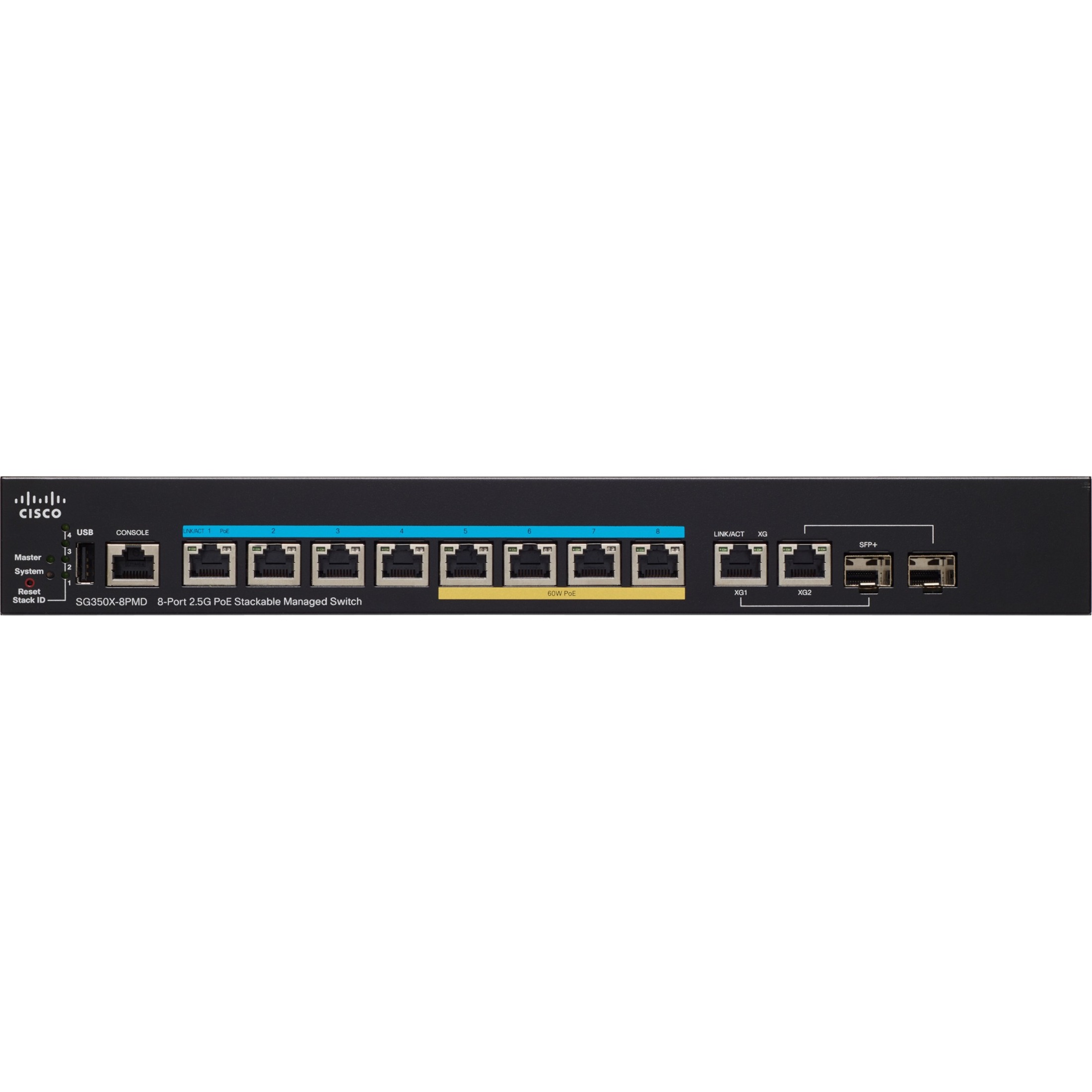 Cisco SG350X-8PMD 8-Port 2.5G PoE Stackable Managed Switch - 8 Ports - Manageable - Refurbished - 3 Layer Supported - Modular - 312.40 W Power Consumption - 240 W PoE Budget - Twisted Pair, Optical Fi