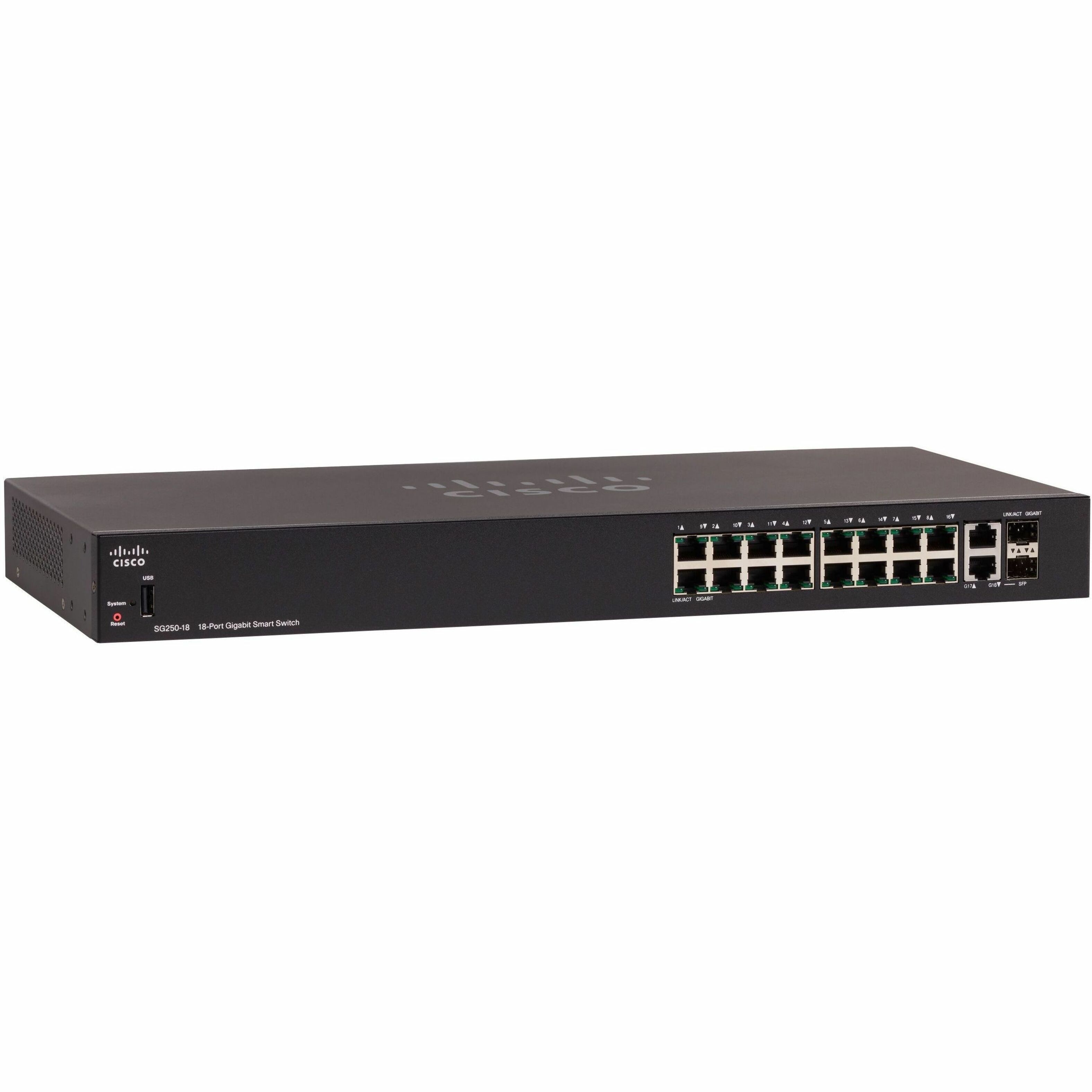 Cisco SG250-18 18-Port Gigabit Smart Switch - 18 Ports - Manageable - Gigabit Ethernet - 10/100/1000Base-T, 1000Base-X - Refurbished - 3 Layer Supported - Modular - 2 SFP Slots - Twisted Pair, Optical