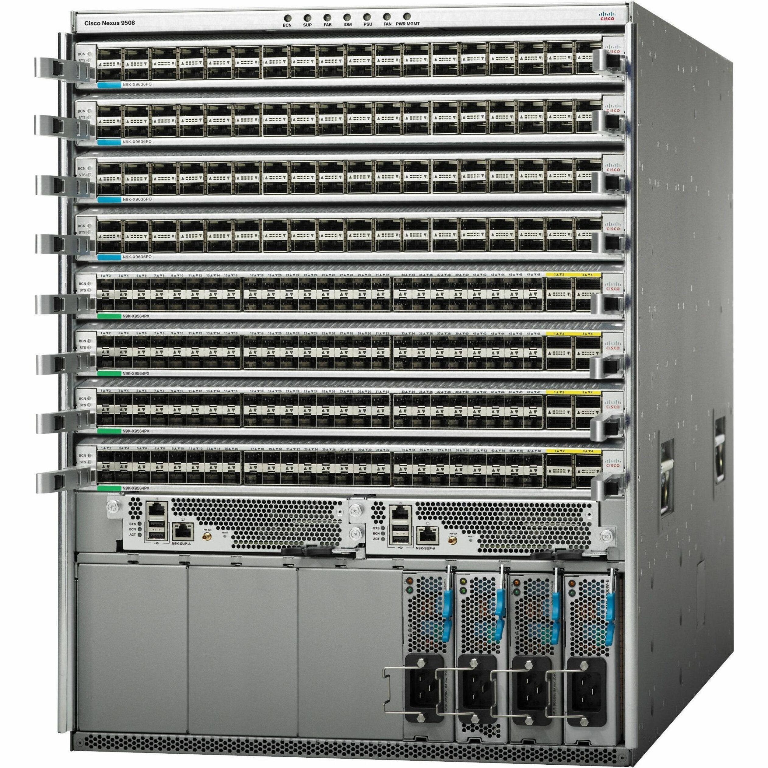 Cisco Nexus 9508 Ethernet Switch - Manageable - Gigabit Ethernet, 10 Gigabit Ethernet, 25 Gigabit Ethernet - 1000Base-X, 10GBase-X, 25GBase-X - Modular - Optical Fiber - 8U - Rack-mountable - 1 Year L