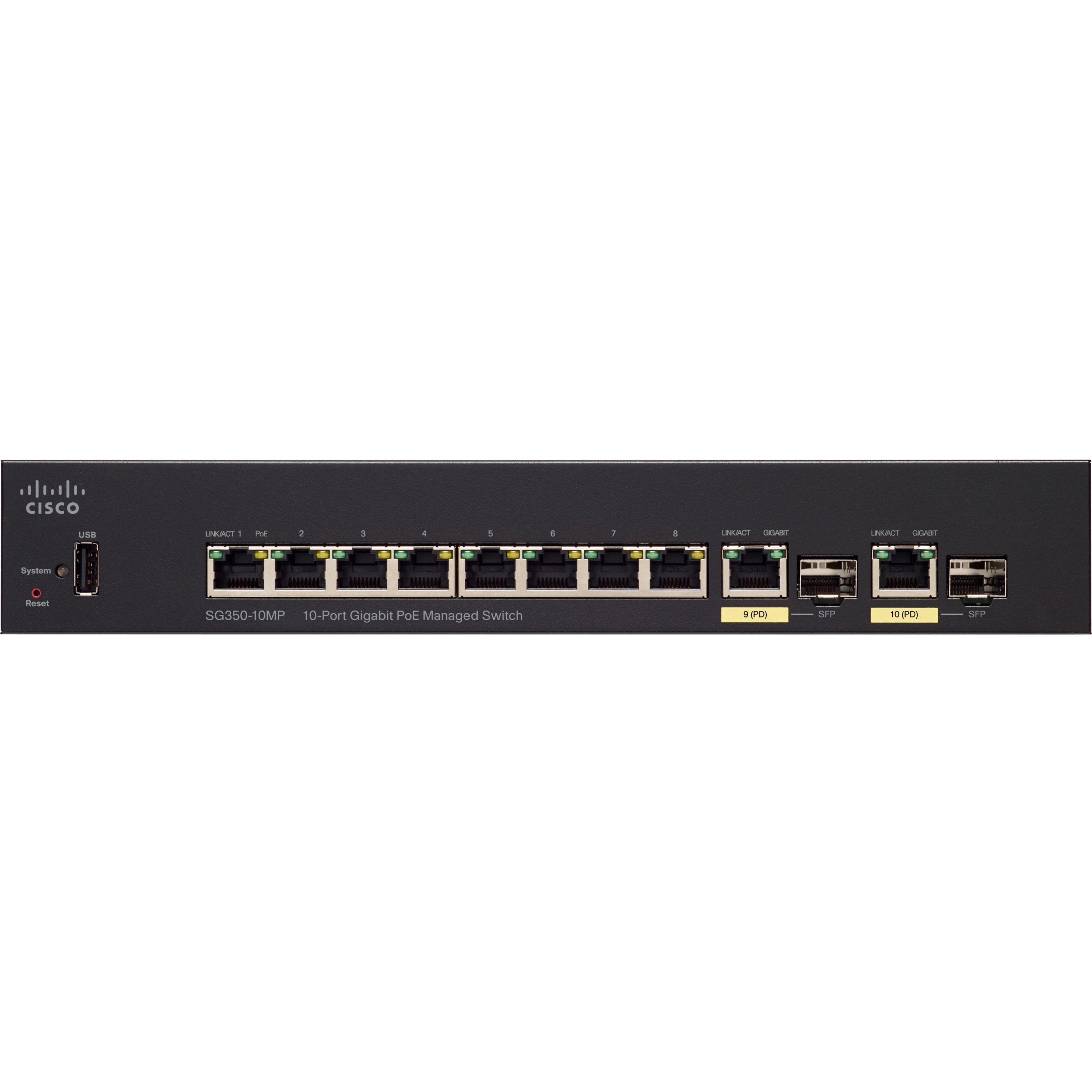 Cisco SG350-10MP 10-Port Gigabit PoE Managed Switch - 10 Ports - Manageable - Gigabit Ethernet - 10/100/1000Base-TX, 1000Base-X - Refurbished - 3 Layer Supported - Modular - 2 SFP Slots - Optical Fibe