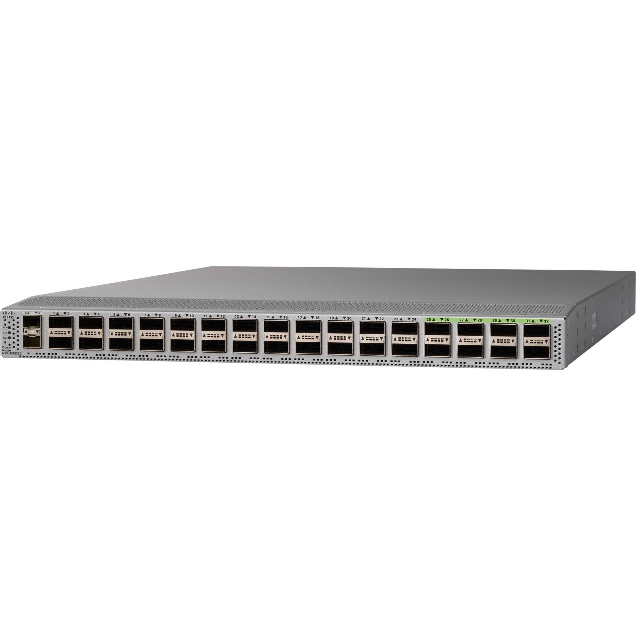 Cisco Nexus 9332C Switch - Manageable - 100 Gigabit Ethernet, 10 Gigabit Ethernet - 100GBase-X, 1000Base-X - 2 Layer Supported - Modular - 296 W Power Consumption - Optical Fiber - 1U - Rack-mountable