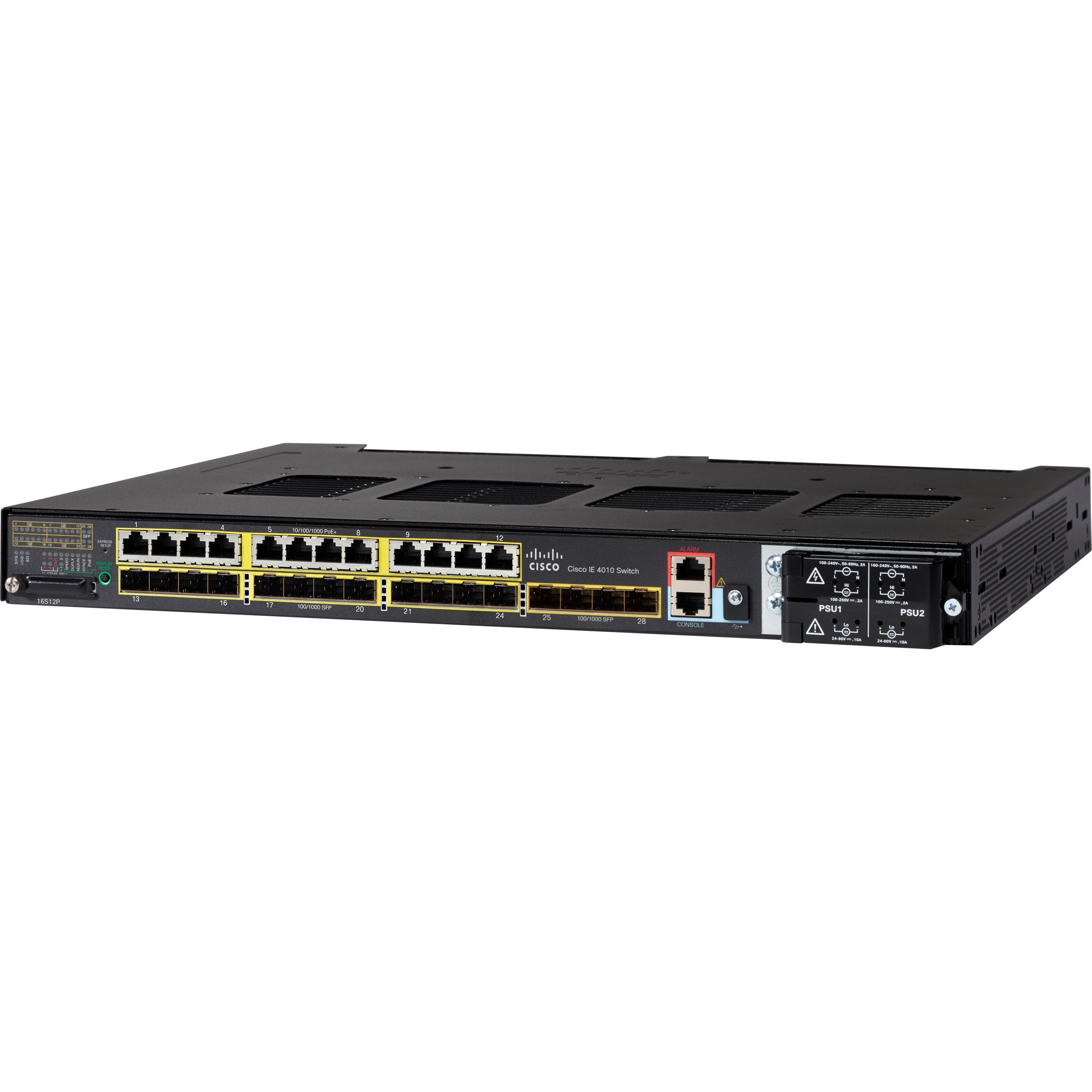 Cisco IE-4010-16S12P Ethernet Switch - 12 Ports - Manageable - Gigabit Ethernet - 1000Base-X, 10/100/1000Base-T - 3 Layer Supported - Modular - 16 SFP Slots - Optical Fiber, Twisted Pair - 1U - DIN Ra