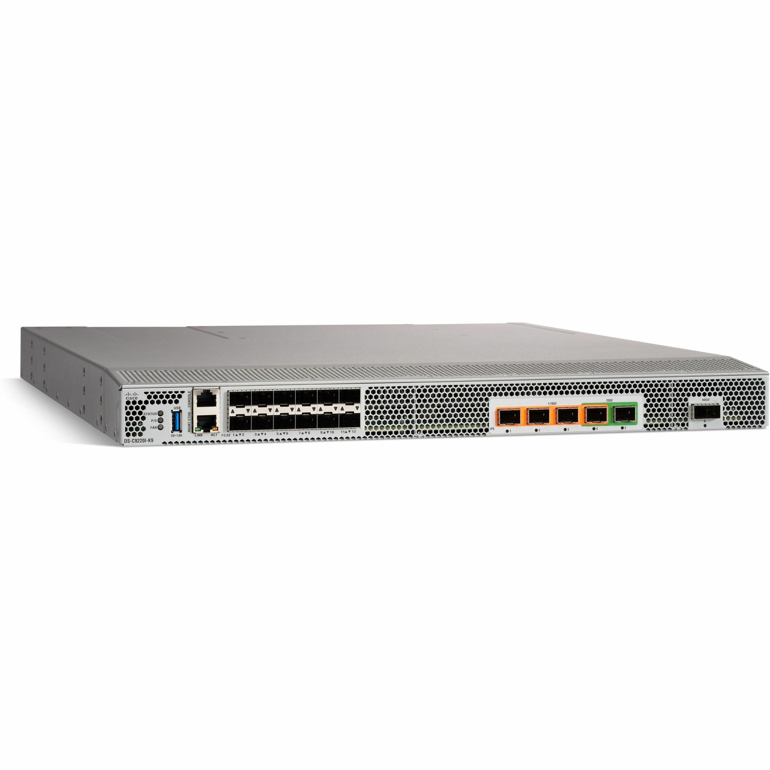 Cisco MDS 9220i Fibre Channel Switch - 12 Ports - 12 Fiber Channel Ports - 40 Gigabit Ethernet, 32 Gigabit Ethernet, 10 Gigabit Ethernet, 25 Gigabit Ethernet, Gigabit Ethernet - Manageable - Rack-moun