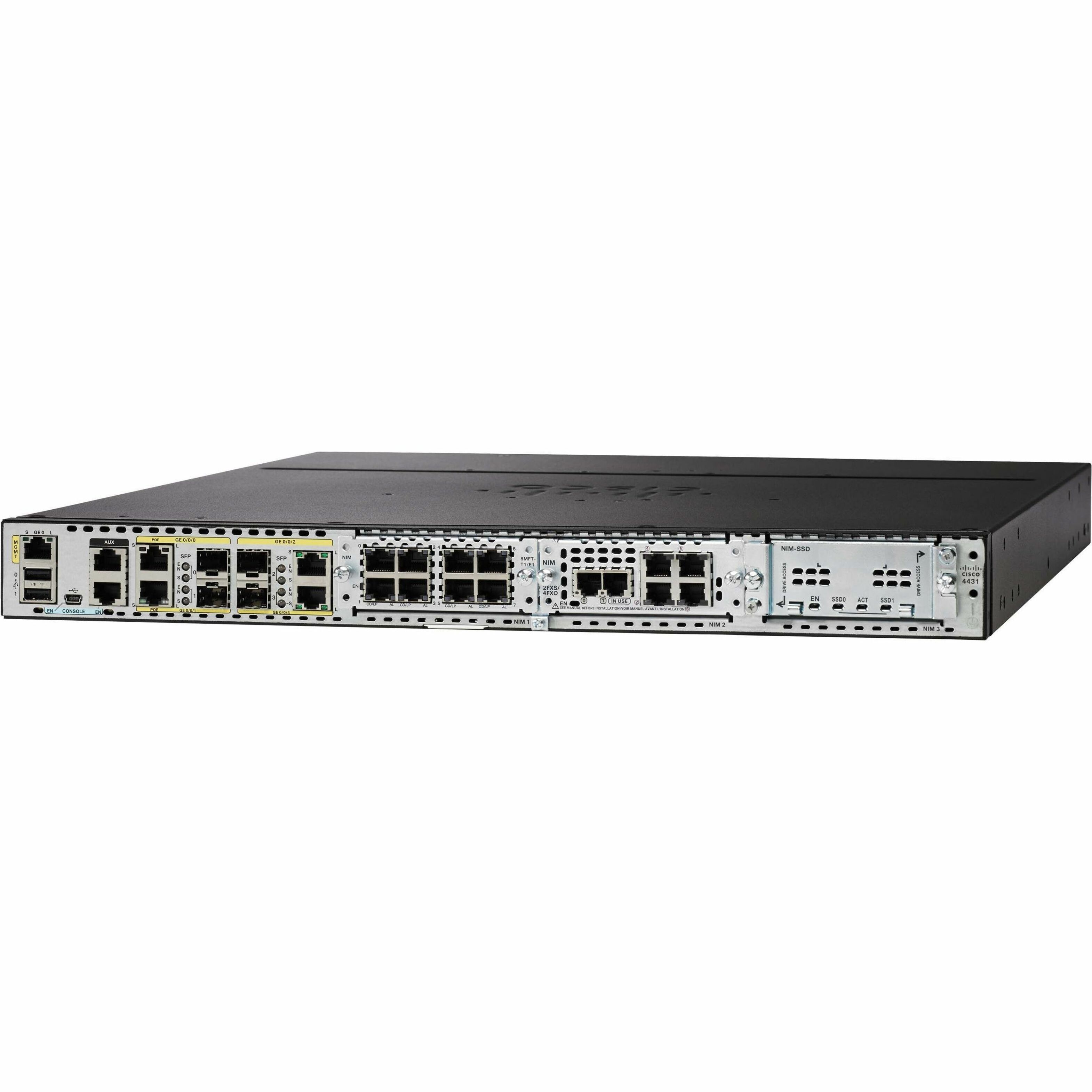 Cisco 4431 Router - Refurbished - 4 Ports - 4 WAN Port(s) - PoE Ports - Management Port - 12 Integrated Services Card (ISC) Slots, Network Interface Module (NIM) Slots, SFP (mini-GBIC) Slots - 16 GB -