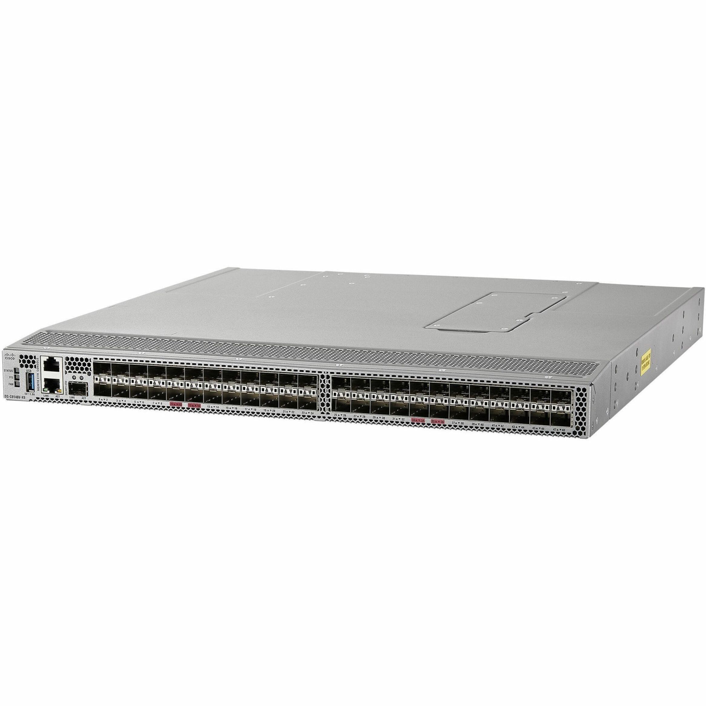 Cisco MDS 9148V Fibre Channel Switch - 48 Ports - 64 Gbit/s - 48 Fiber Channel Ports - Gigabit Ethernet, 64 Gigabit Ethernet - 48 x Total Expansion Slots - SFP+ - 48 x SFP+ Slots - Manageable - Rack-m