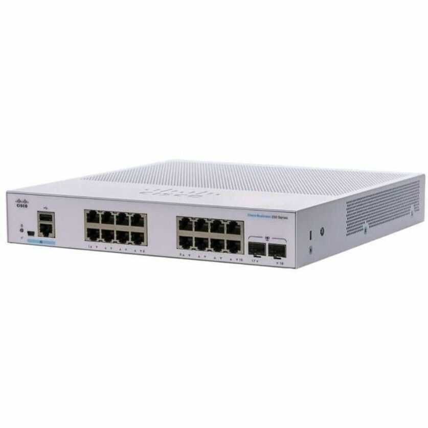 Cisco 250 CBS250-16T-2G Layer 3 Switch - 16 Ports - Manageable - Gigabit Ethernet - 1000Base-T, 1000Base-X - Refurbished - 3 Layer Supported - Modular - 2 SFP Slots - 156.40 W Power Consumption - Opti