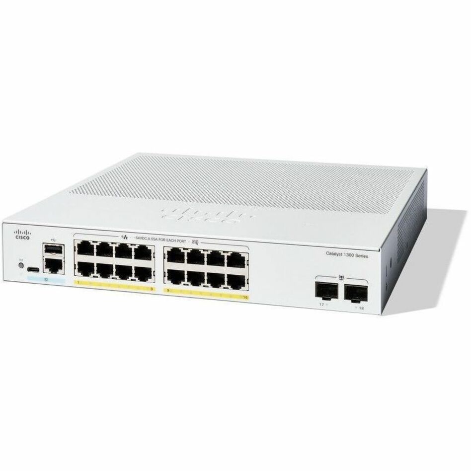 Cisco Catalyst C1300-16P-2G Ethernet Switch - 16 Ports - Manageable - Gigabit Ethernet - 1000Base-X, 10/100/1000Base-T - 3 Layer Supported - Modular - 2 SFP Slots - 154.50 W Power Consumption - 120 W 