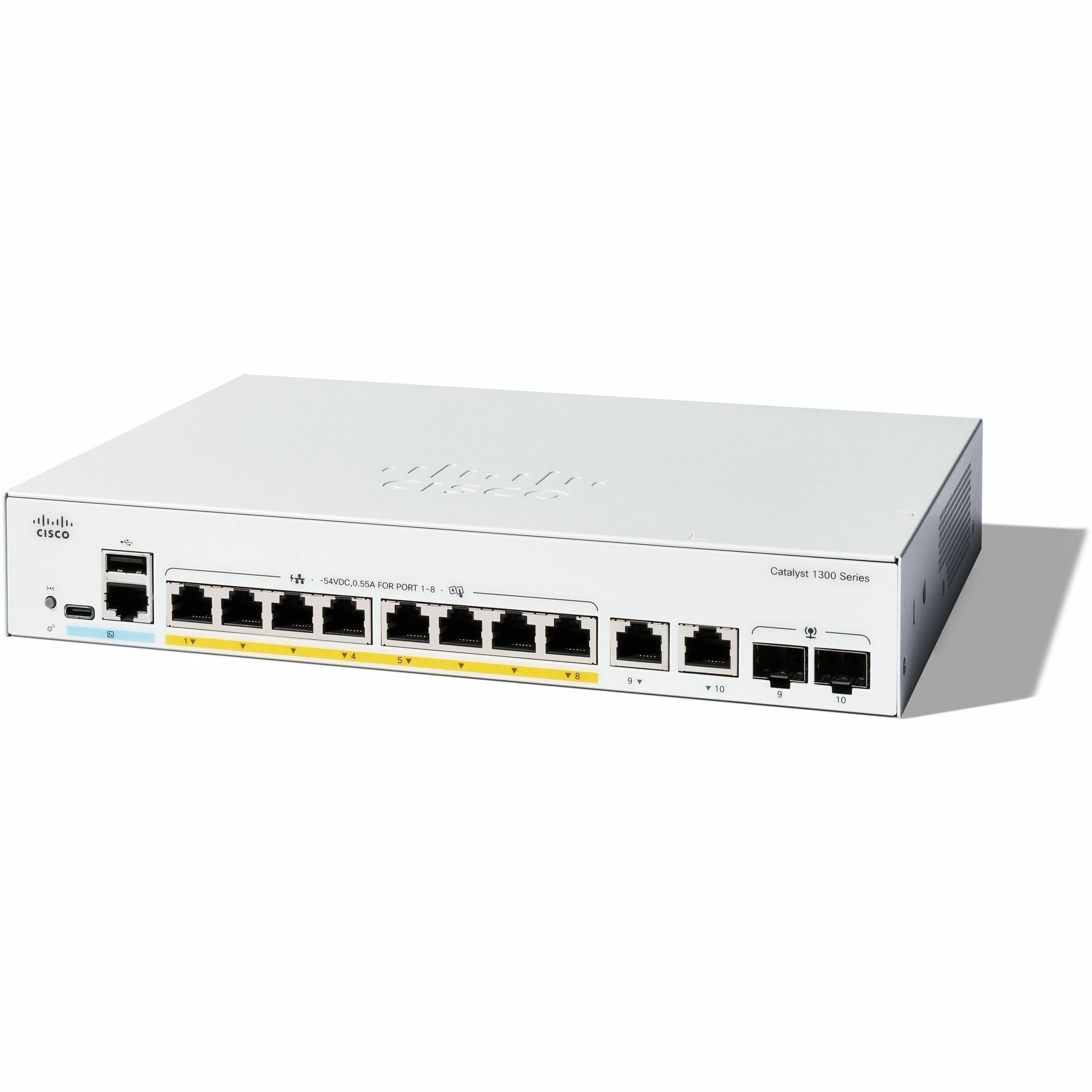 Cisco Catalyst C1300-8P-E-2G Ethernet Switch - 8 Ports - Manageable - Gigabit Ethernet - 10/100/1000Base-T, 1000Base-X - 3 Layer Supported - 2 SFP Slots - 80.86 W Power Consumption - 67 W PoE Budget -