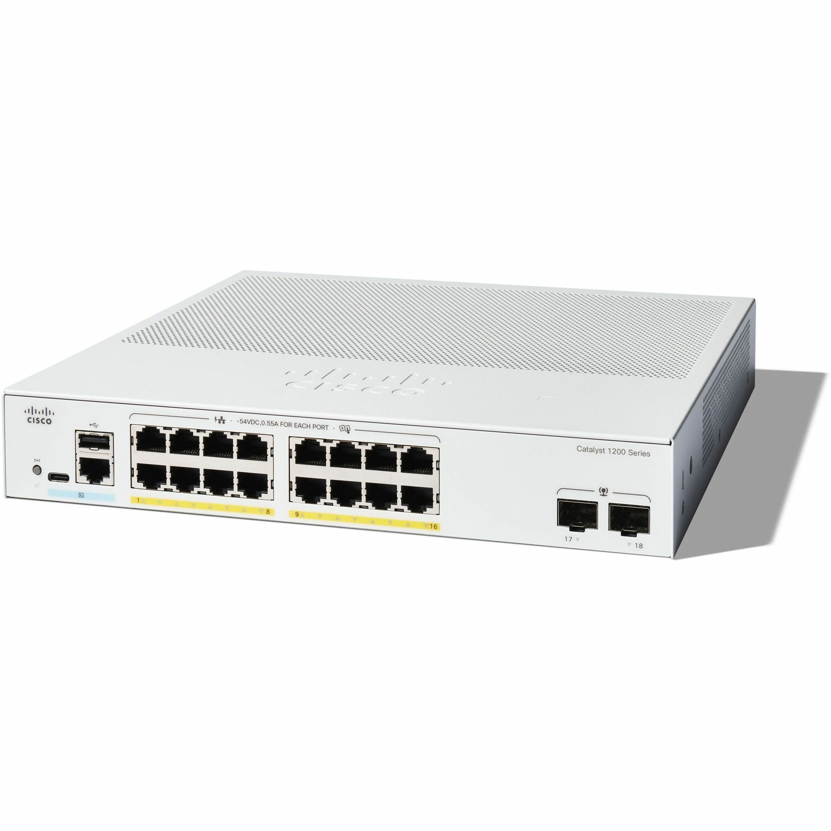 Cisco Catalyst C1200-16P-2G Ethernet Switch - 16 Ports - Manageable - Gigabit Ethernet - 1000Base-X, 10/100/1000Base-T - 3 Layer Supported - Modular - 2 SFP Slots - 154.50 W Power Consumption - 120 W 