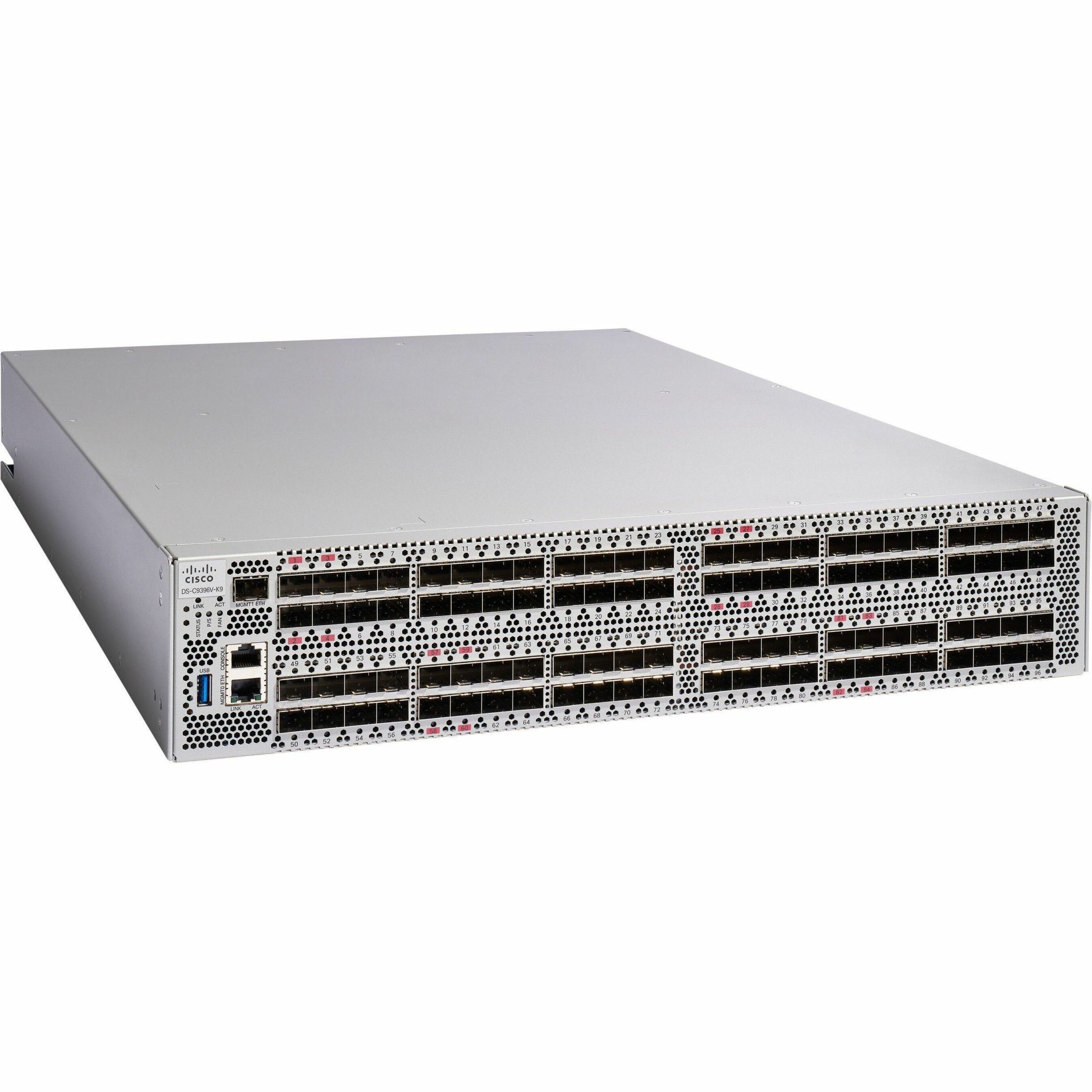 Cisco MDS 9396V 64G 2RU FC Switch, w/ 48 Active Ports, 3 Fans, 2 PSUs, Exhaust - 96 Ports - 64 Gbit/s - 96 Fiber Channel Ports - Gigabit Ethernet - 48 x Total Expansion Slots - SFP+ - 48 x SFP+ Slots 