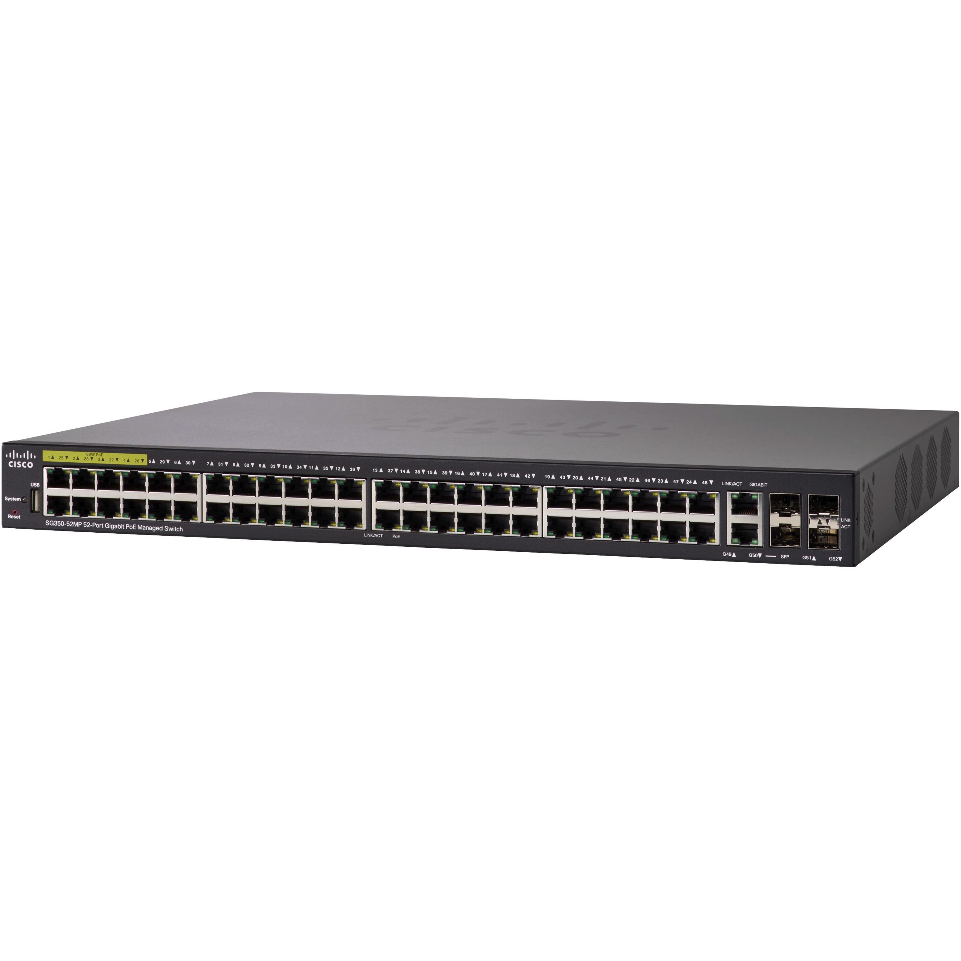 Cisco SG350-52 52-Port Gigabit Managed Switch - 52 Ports - Manageable - Gigabit Ethernet - 1000Base-T, 1000Base-X - Refurbished - 3 Layer Supported - Modular - 2 SFP Slots - Twisted Pair, Optical Fibe