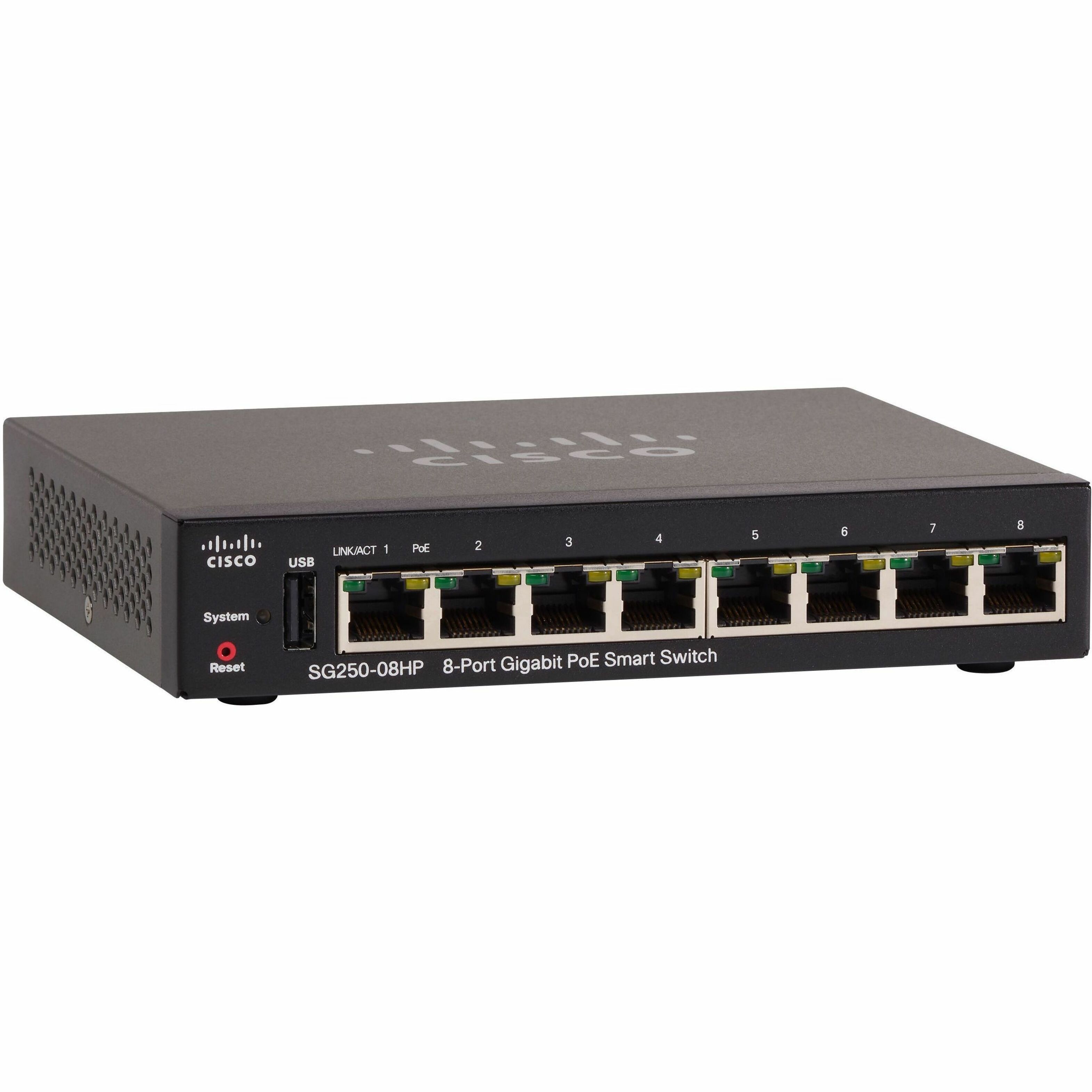 Cisco SG250-08HP 8-Port Gigabit PoE Smart Switch - 8 Ports - Manageable - Gigabit Ethernet - 10/100/1000Base-T - Refurbished - 3 Layer Supported - Twisted Pair - 1U - Compact