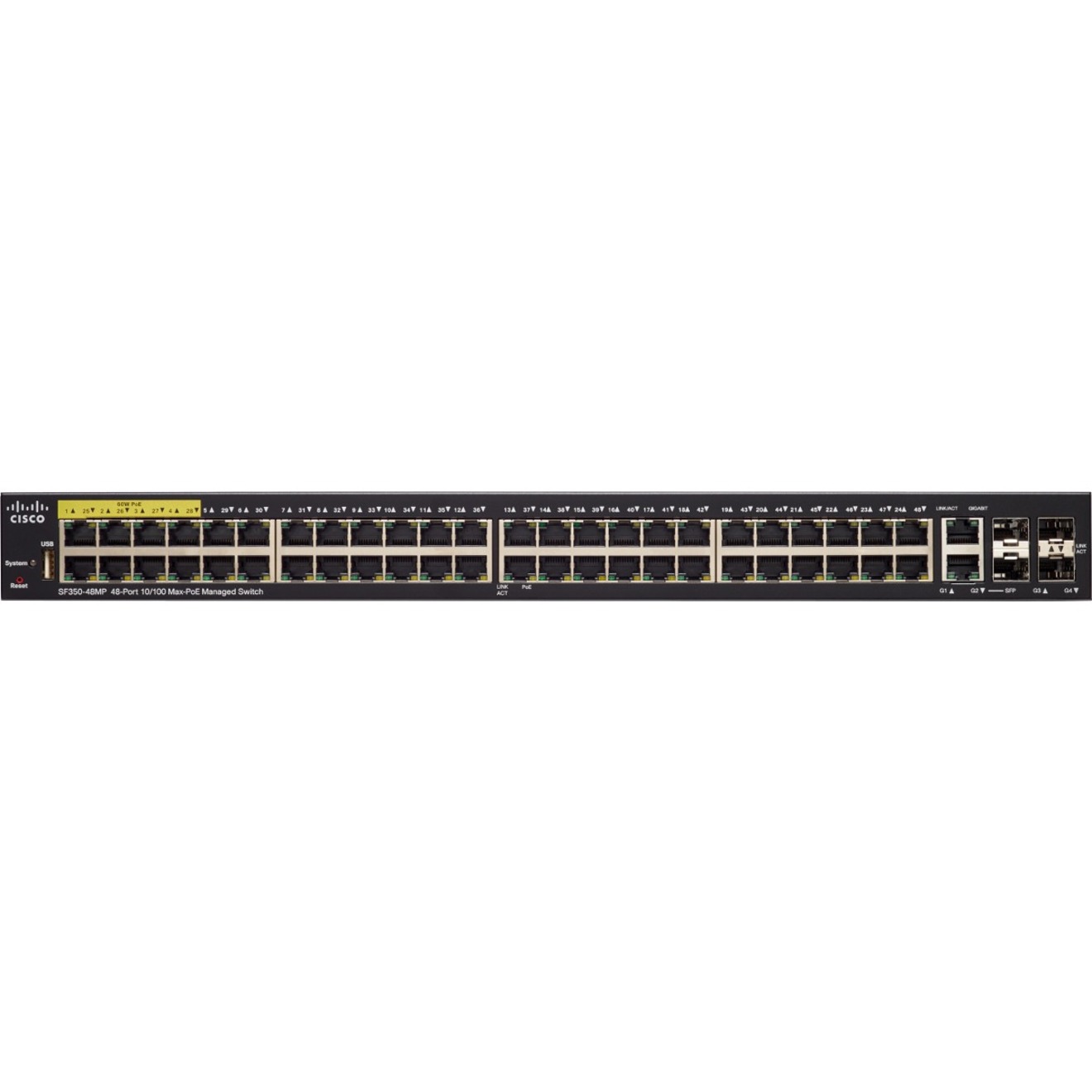 Cisco SF350-48MP 48-Port 10 100 PoE Managed Switch - 52 Ports - Manageable - Gigabit Ethernet, Fast Ethernet - 10/100Base-TX, 1000Base-X, 10/100/1000Base-TX - Refurbished - 3 Layer Supported - Modular