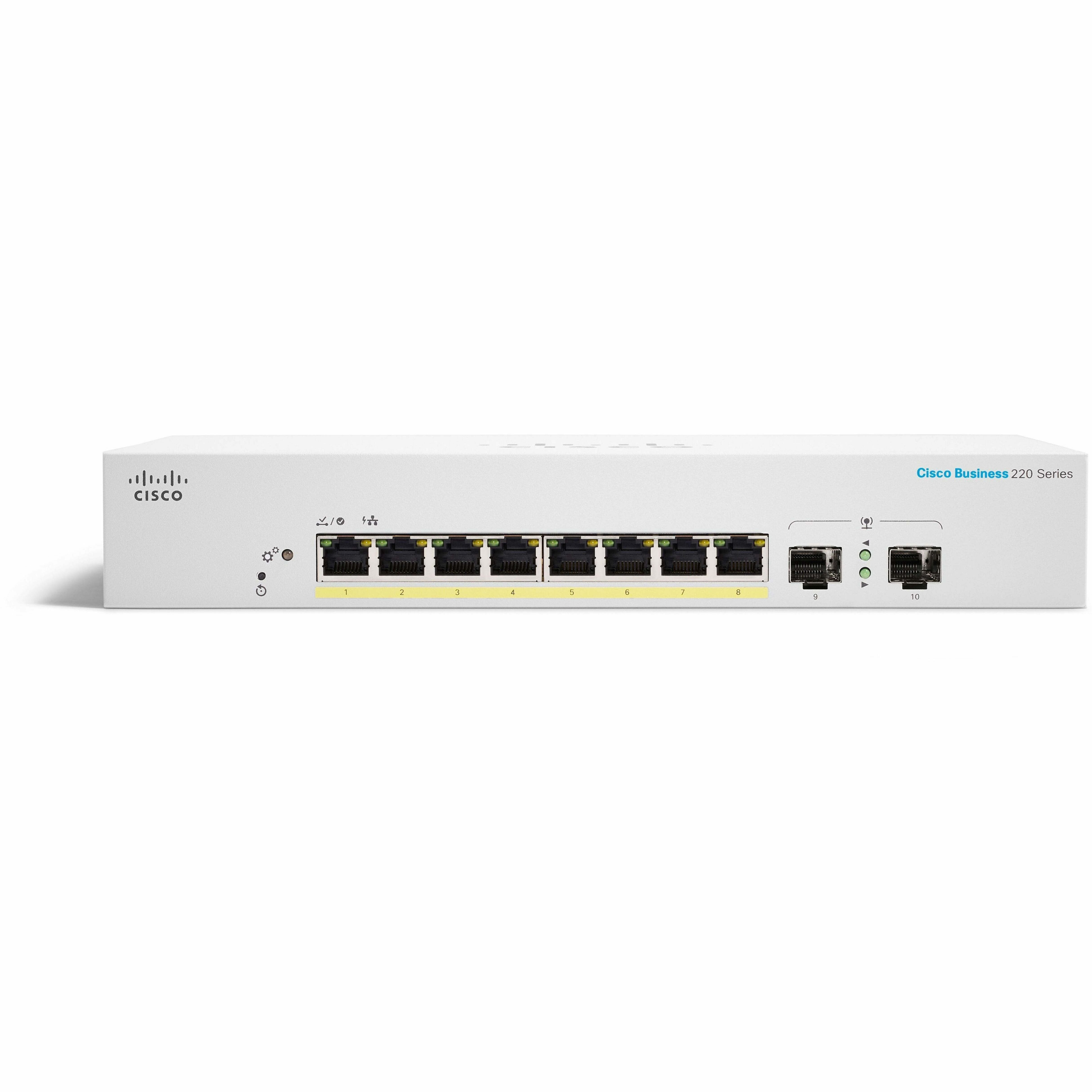 Cisco Business CBS220-8FP-E-2G Ethernet Switch - 8 Ports - Manageable - Gigabit Ethernet - 10/100/1000Base-T, 1000Base-X - Refurbished - 2 Layer Supported - Modular - 2 SFP Slots - 9.10 W Power Consum