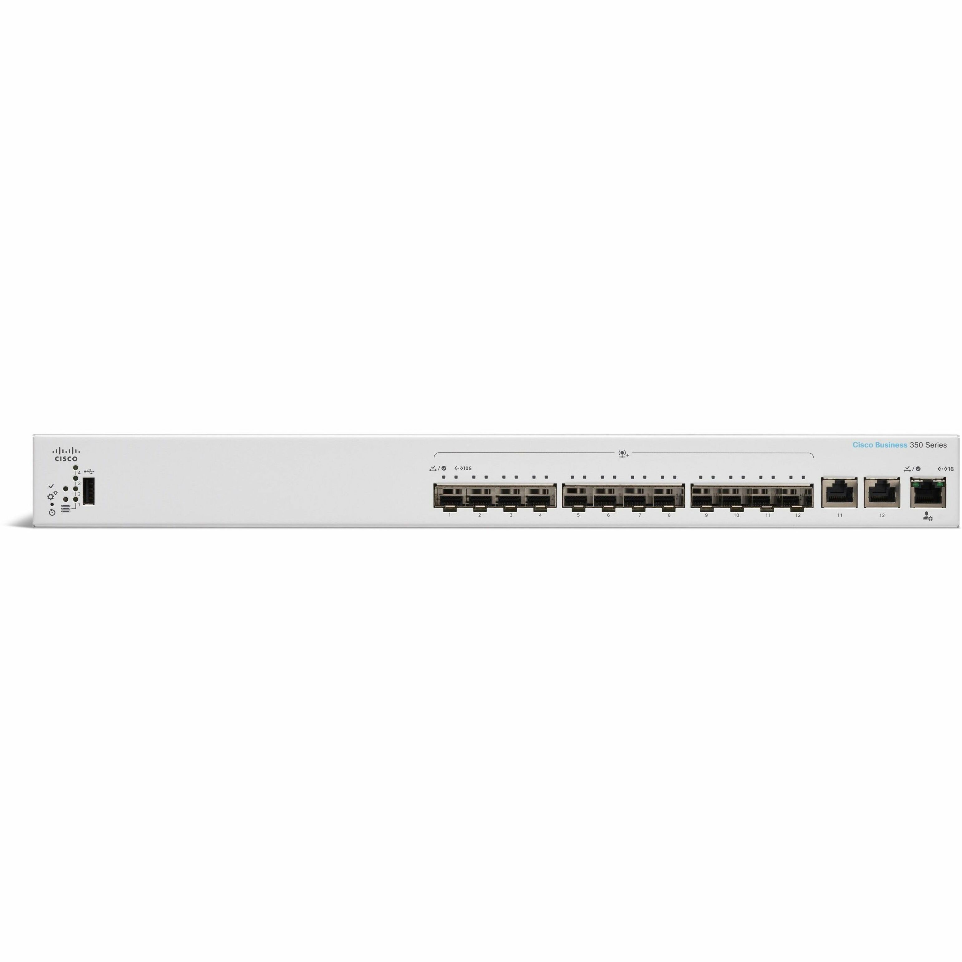 Cisco Business 350-12XS Managed Switch - Manageable - 10 Gigabit Ethernet - 10GBase-T, 10GBase-X - Refurbished - 3 Layer Supported - Modular - 25.30 W Power Consumption - Optical Fiber, Twisted Pair -