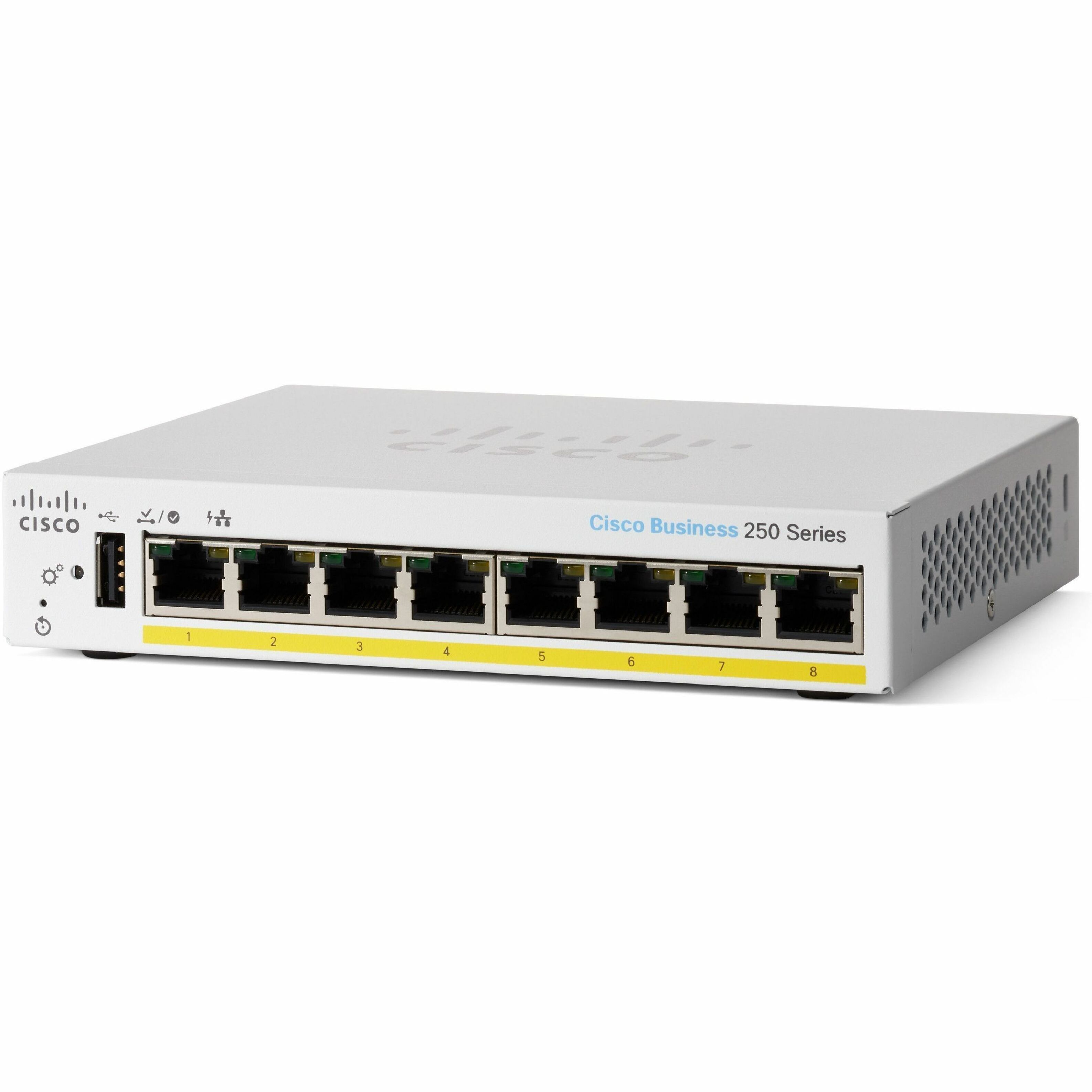 Cisco Business CBS250-8PP-D Ethernet Switch - 8 Ports - Manageable - Gigabit Ethernet - 10/100/1000Base-T - Refurbished - 3 Layer Supported - 10.10 W Power Consumption - 45 W PoE Budget - Twisted Pair