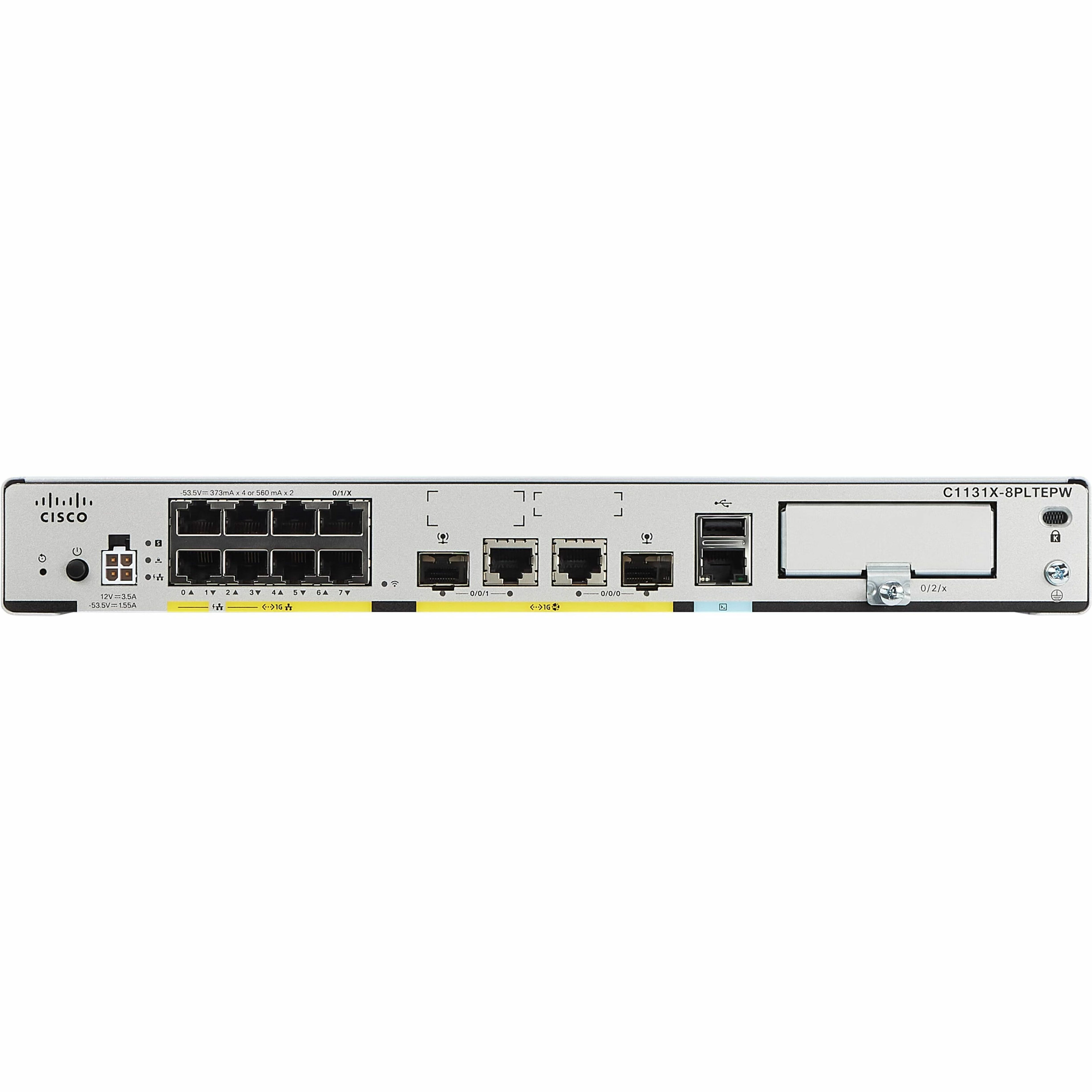 Cisco C1131X-8PLTEPW Router - Refurbished - 10 Ports - 8 RJ-45 Port(s) - 2 WAN Port(s) - Management Port - 2 SFP (mini-GBIC) Slots, LTE Module Slots - 8 GB - Gigabit Ethernet - Rack-mountable - 1 Year
