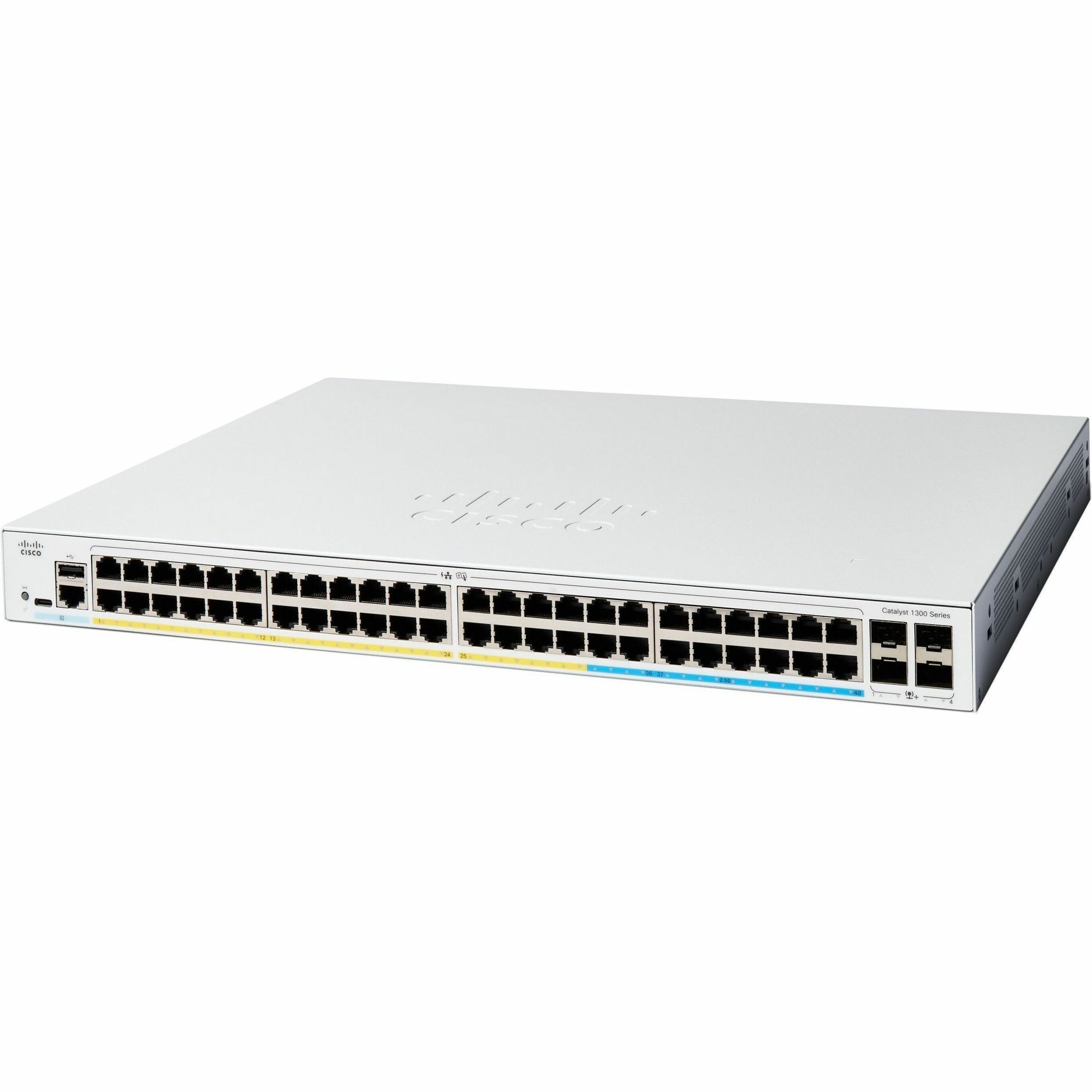 Cisco Catalyst C1300-48MGP-4X Layer 3 Switch - 48 Ports - Manageable - Gigabit Ethernet - 10/100/1000Base-T, 1000Base-X, 2.5GBase-T - 3 Layer Supported - 4 SFP Slots - 93.60 W Power Consumption - 740 