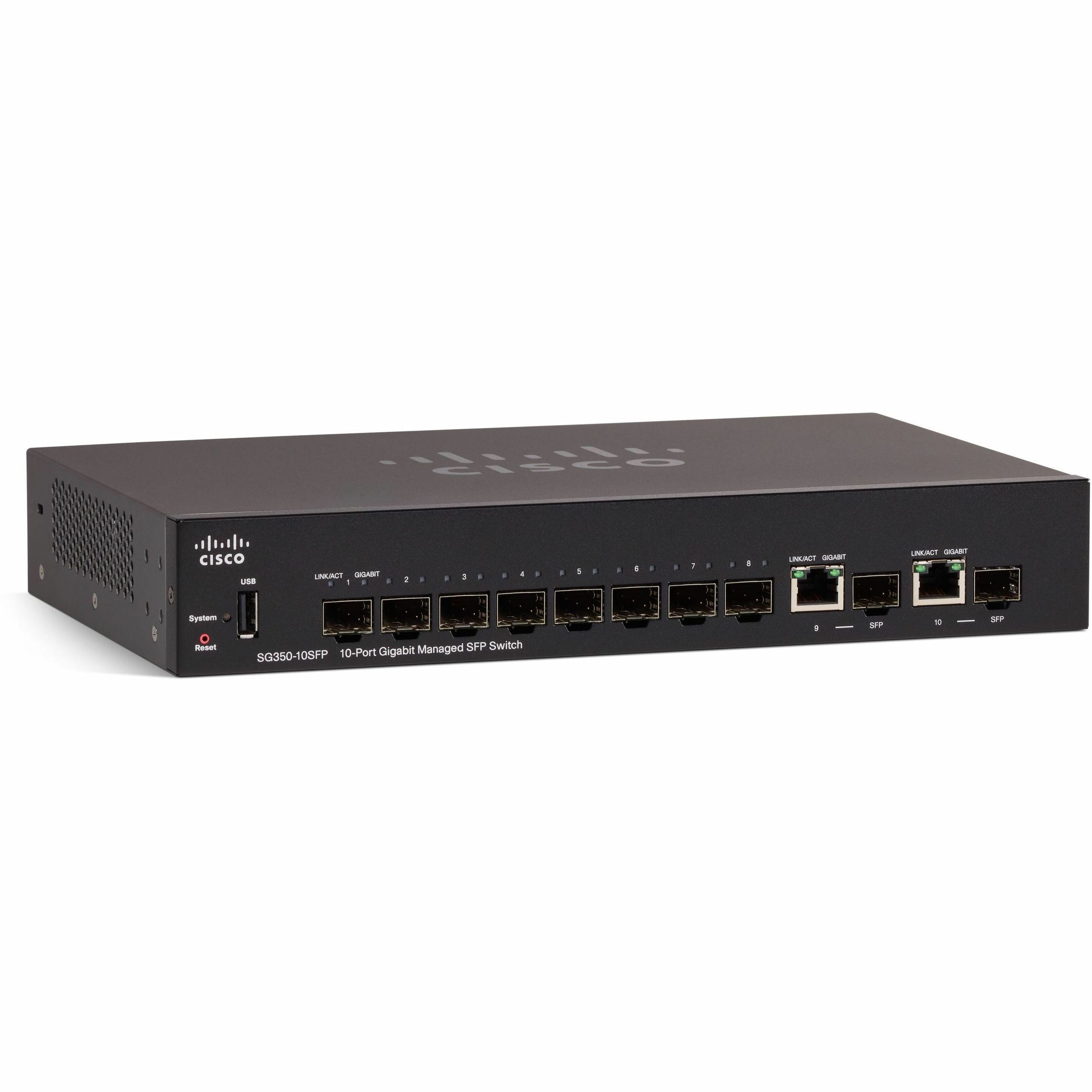 Cisco SG350-10SFP 10-Port Gigabit Managed SFP Switch - 2 Ports - Manageable - Gigabit Ethernet - 1000Base-T, 1000Base-X - Refurbished - 3 Layer Supported - Modular - 10 SFP Slots - Twisted Pair, Optic