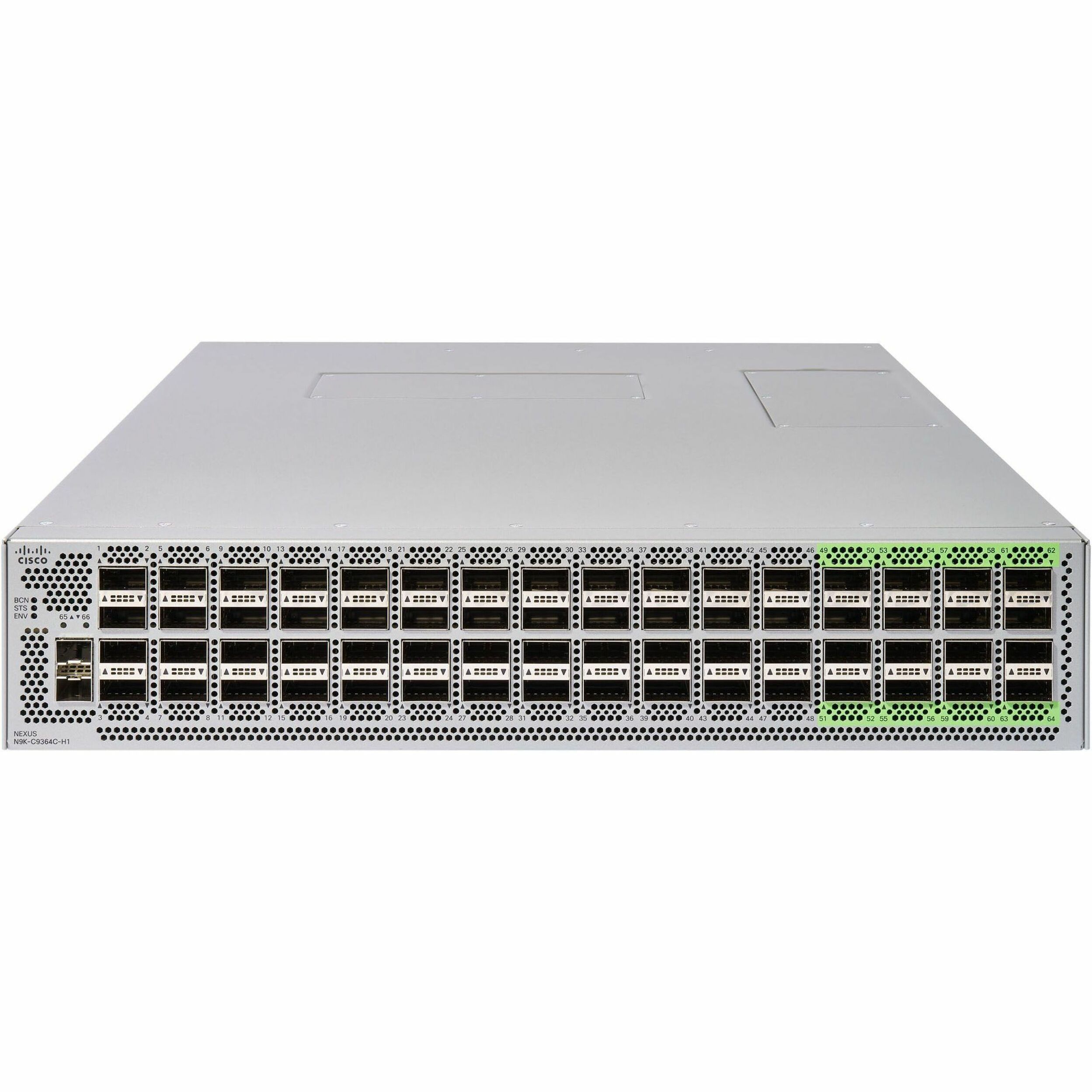 Cisco Nexus 9364C-H1 switch is a 64-port 100G fixed switch - Manageable - 100 Gigabit Ethernet - 100GBase-X - 3 Layer Supported - 1100 W Power Consumption - Optical Fiber - 2U - Rack-mountable - 1 Yea
