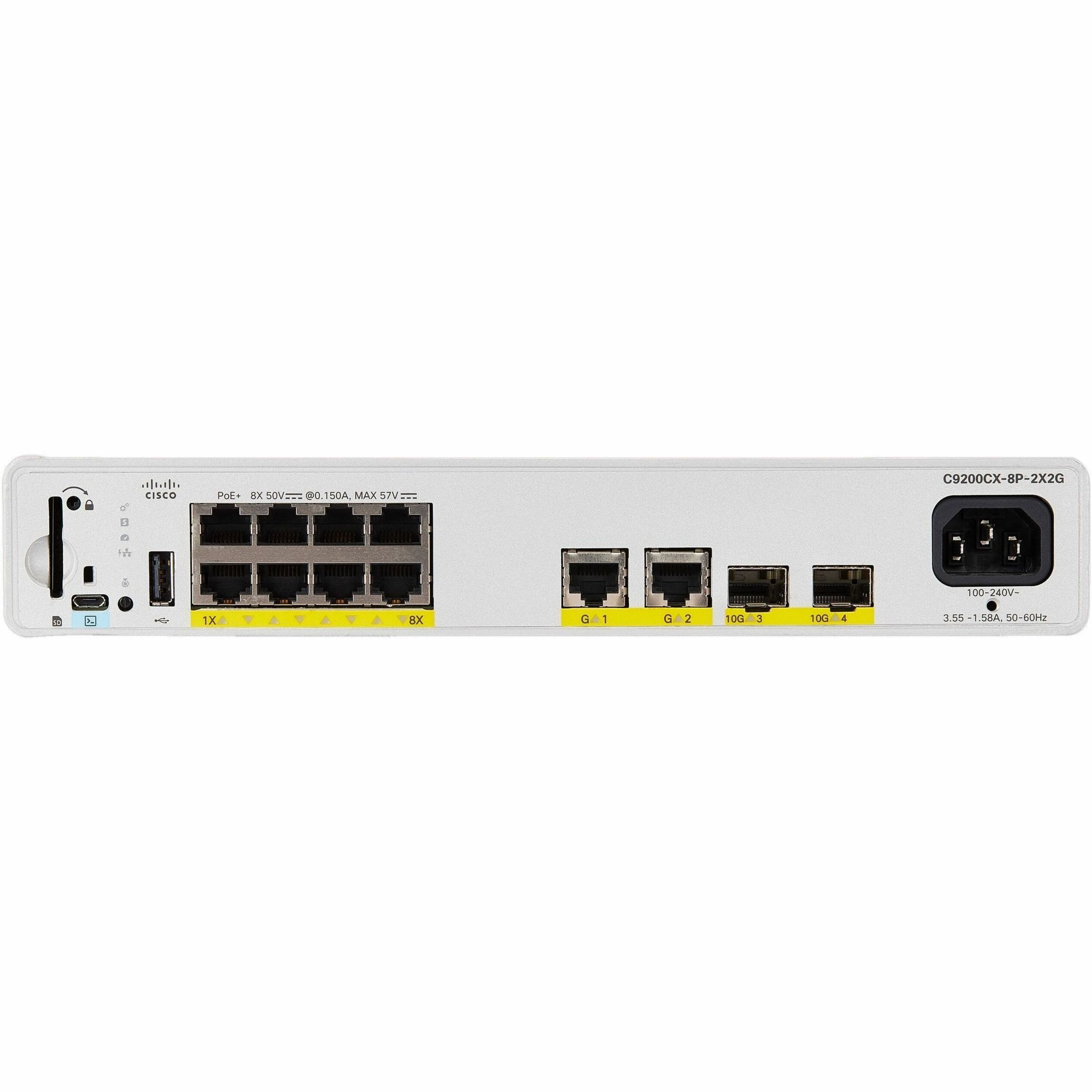 Cisco Catalyst C9200CX-8P-2X2G Ethernet Switch - 8 Ports - Manageable - Gigabit Ethernet, 10 Gigabit Ethernet - 1000Base-T, 10GBase-X - Refurbished - 3 Layer Supported - Modular - 240 W PoE Budget - T
