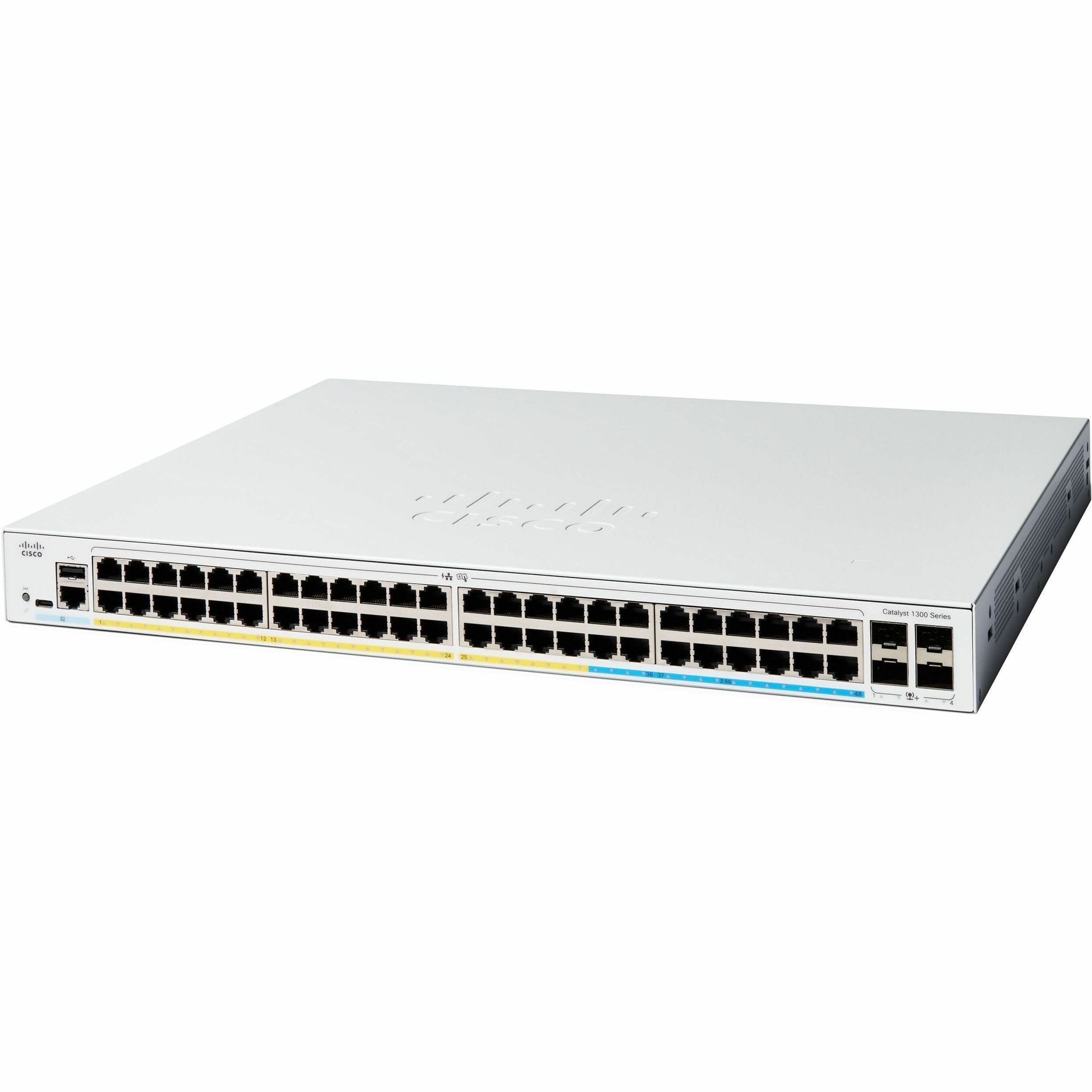 Cisco Catalyst C1300-48FP-4X Ethernet Switch - 48 Ports - Manageable - Gigabit Ethernet, 10 Gigabit Ethernet - 10/100/1000Base-T, 10GBase-X - Refurbished - 3 Layer Supported - 4 SFP Slots - 886.42 W P