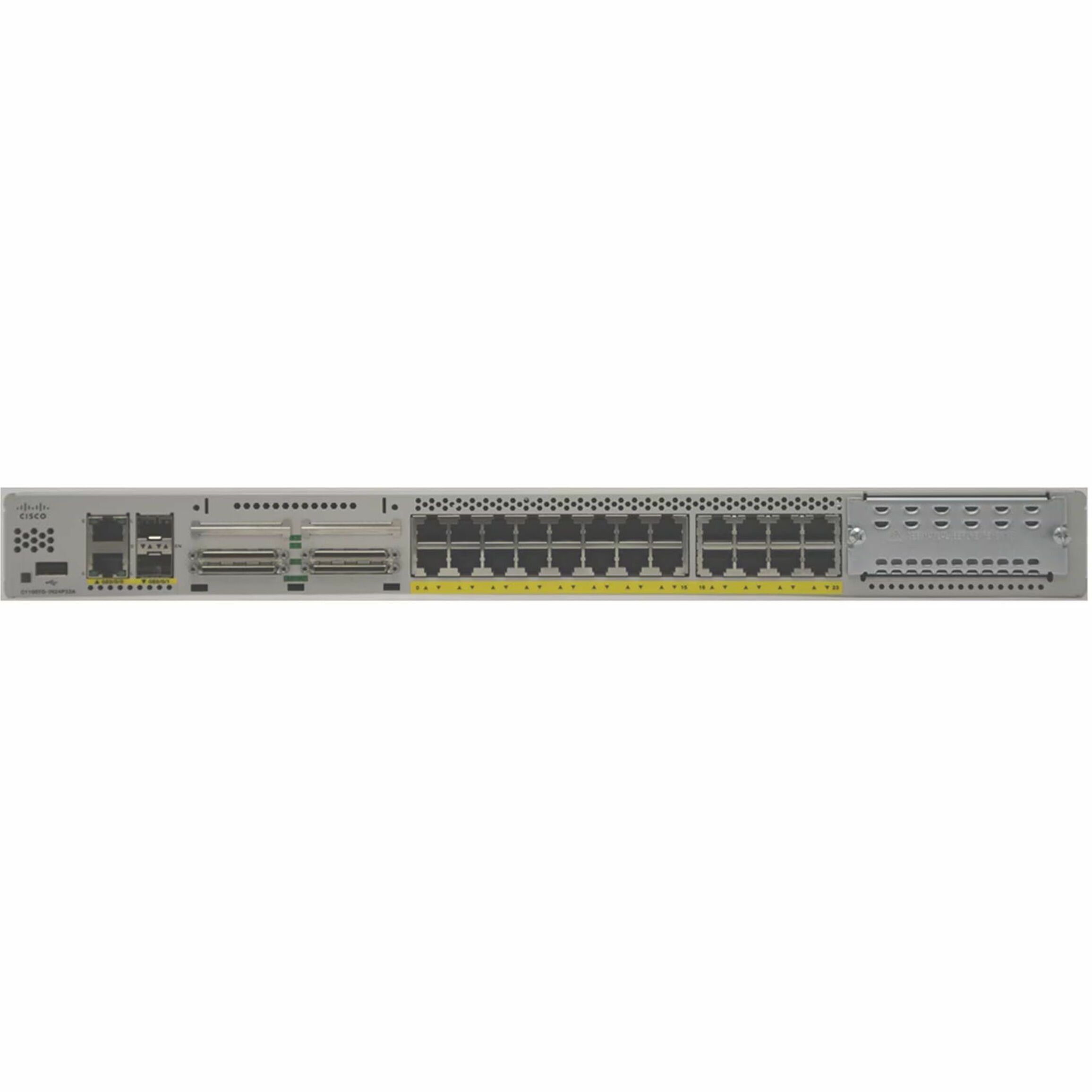 Cisco C1100TGX-1N24P32A Router - Refurbished - 26 Ports - 24 RJ-45 Port(s) - 2 WAN Port(s) - 3 Network Interface Module (NIM) Slots, SFP Slots - 8 GB - Gigabit Ethernet - IEEE 802.1Q, IEEE 802.3 - 1U 