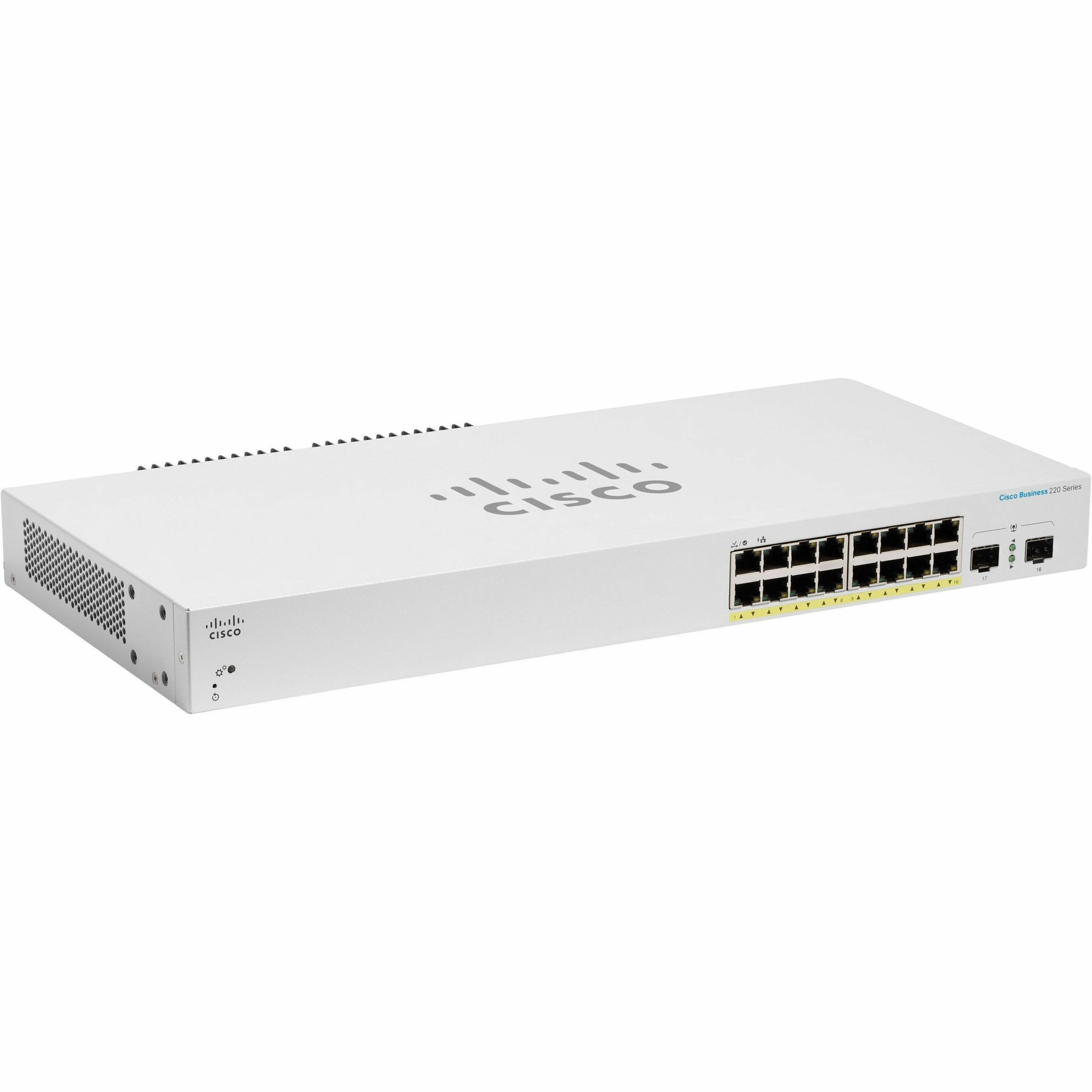 Cisco Business CBS220-16P-2G Ethernet Switch - 16 Ports - Manageable - Gigabit Ethernet - 10/100/1000Base-T, 1000Base-X - Refurbished - 2 Layer Supported - Modular - 2 SFP Slots - 18.30 W Power Consum