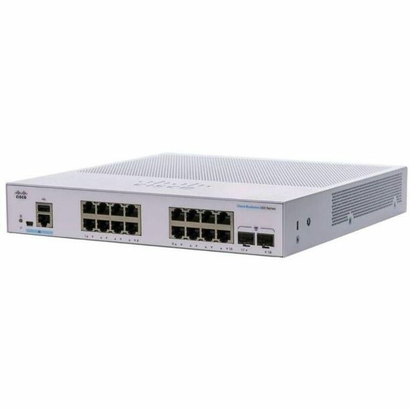 Cisco 250 CBS250-16T-2G Ethernet Switch - 18 Ports - Manageable - Gigabit Ethernet - 1000Base-T, 1000Base-X - Refurbished - 2 Layer Supported - Modular - 2 SFP Slots - Optical Fiber, Twisted Pair