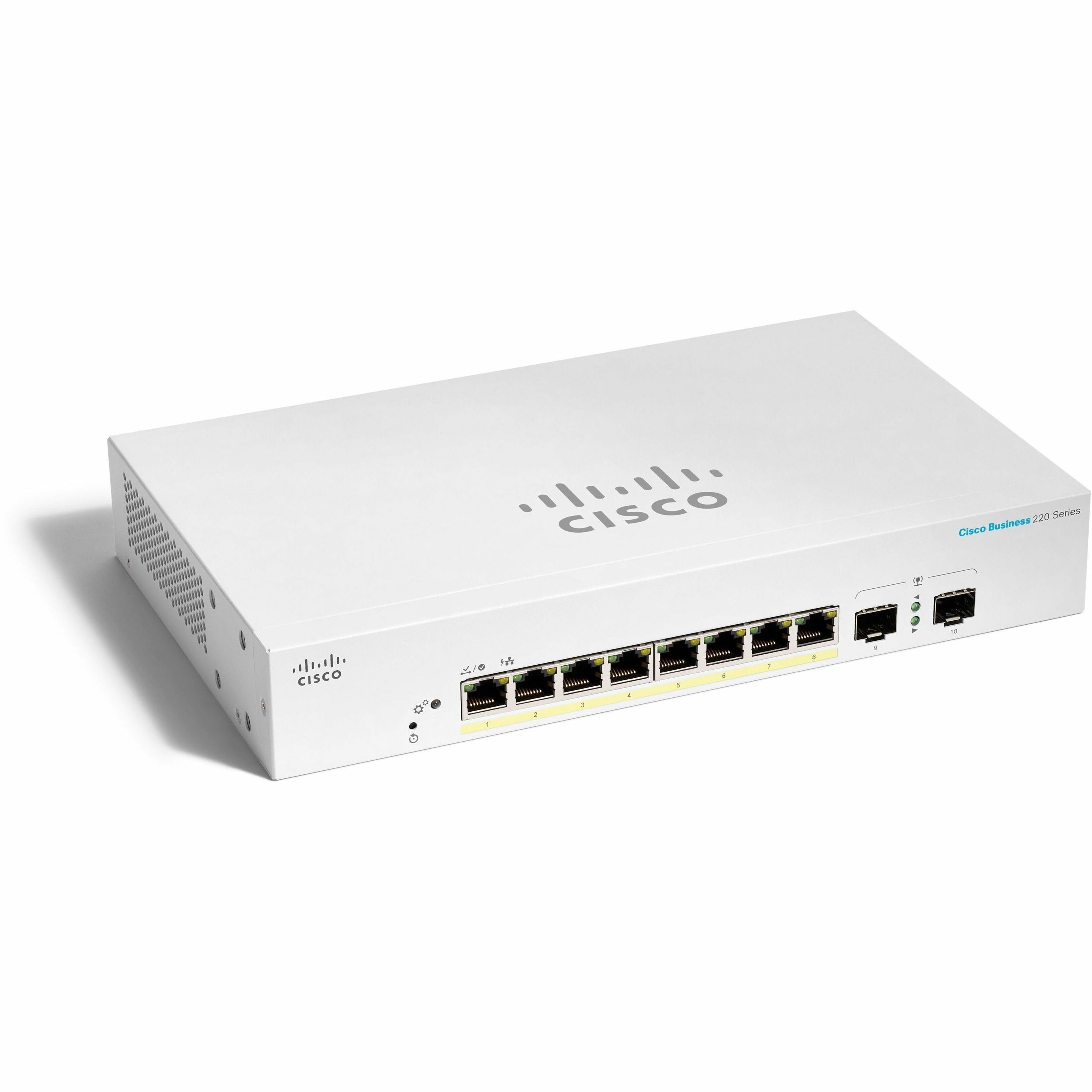 Cisco Business CBS220-8FP-E-2G Ethernet Switch - 8 Ports - Manageable - Gigabit Ethernet - 10/100/1000Base-T, 1000Base-X - Refurbished - 2 Layer Supported - Modular - 2 SFP Slots - 9.10 W Power Consum