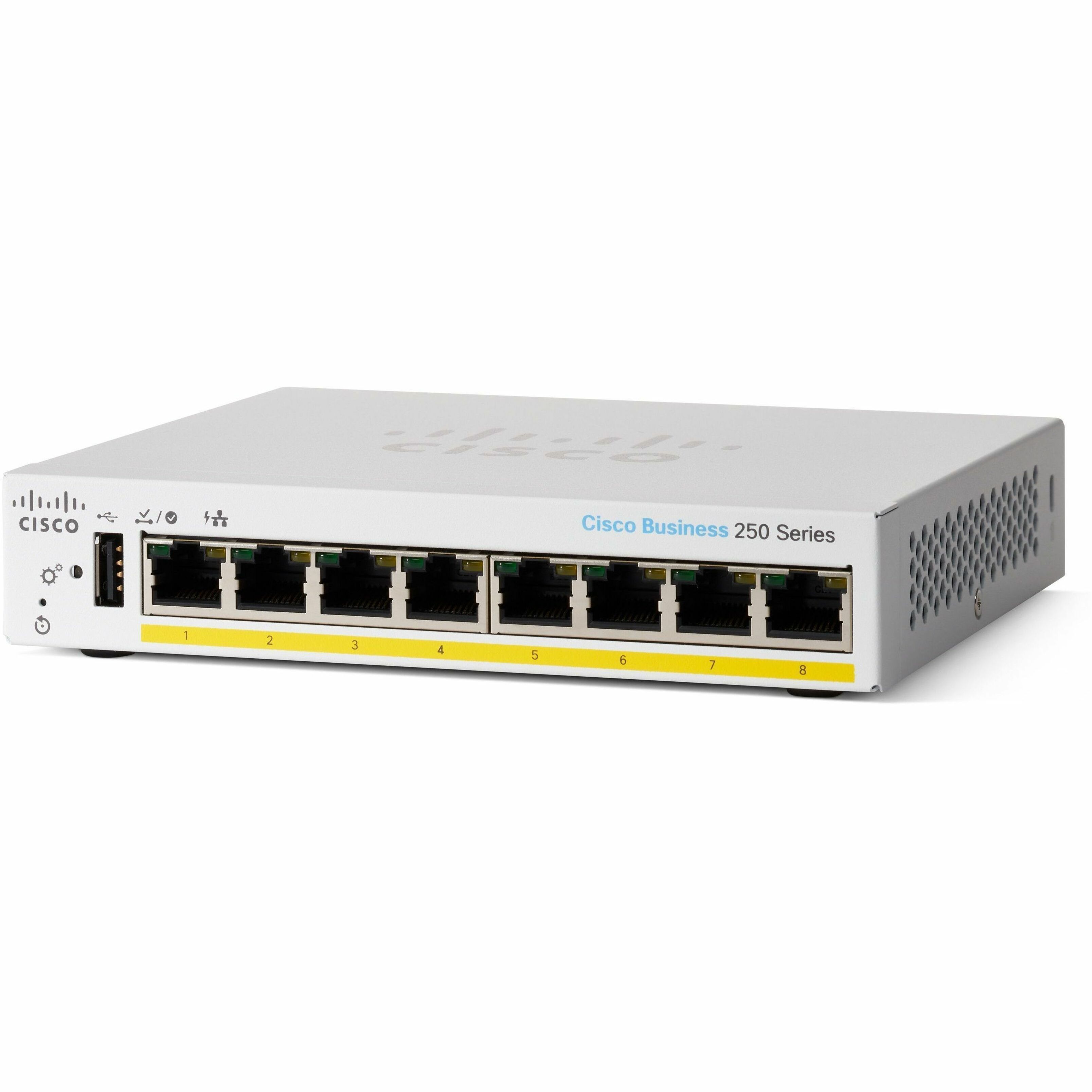 Cisco Business CBS250-8PP-D Ethernet Switch - 8 Ports - Manageable - Gigabit Ethernet - 10/100/1000Base-T - Refurbished - 3 Layer Supported - 10.10 W Power Consumption - 45 W PoE Budget - Twisted Pair