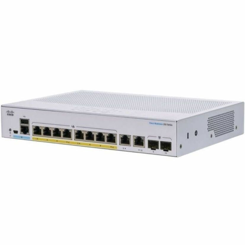 Cisco 250 CBS250-8P-E-2G Ethernet Switch - 10 Ports - Manageable - Gigabit Ethernet - 1000Base-T, 1000Base-X - Refurbished - 2 Layer Supported - Modular - 2 SFP Slots - 80.86 W Power Consumption - 67 