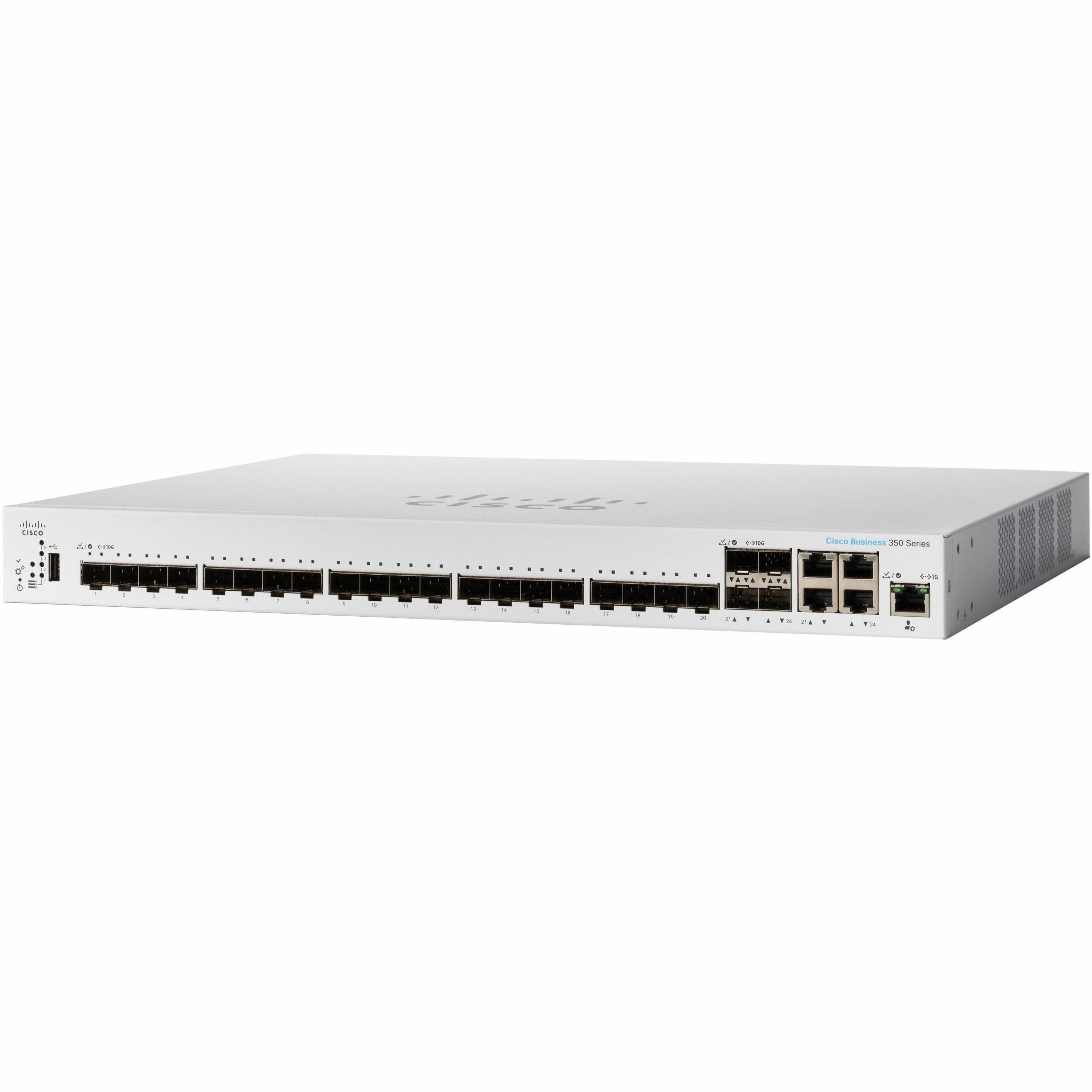 Cisco Business 350-24XS Ethernet Switch - 4 Ports - Manageable - 10 Gigabit Ethernet - 10GBase-T, 10GBase-X - Refurbished - 3 Layer Supported - Modular - 39 W Power Consumption - Optical Fiber, Twiste
