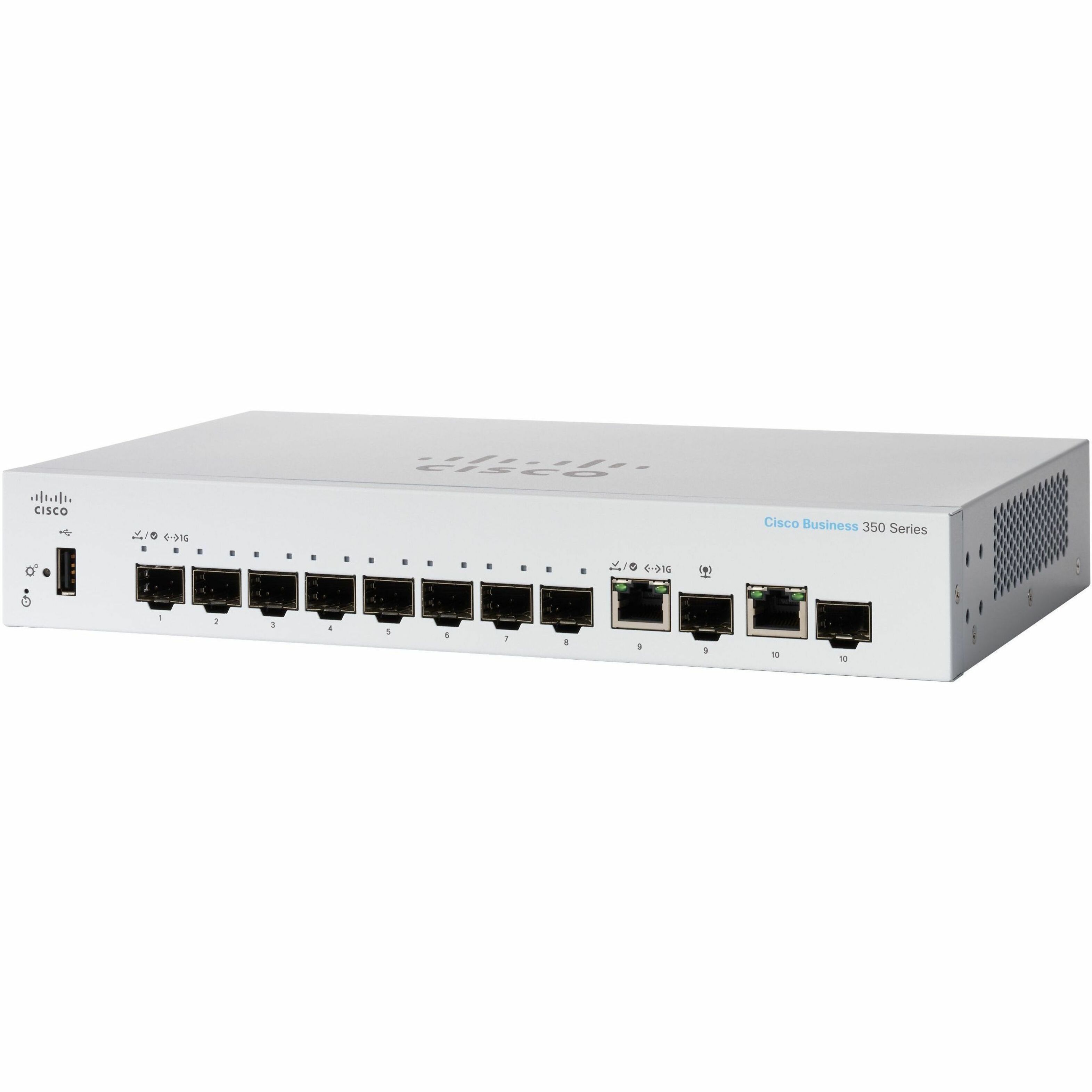 Cisco Business CBS350-8S-E-2G Ethernet Switch - 2 Ports - Manageable - Gigabit Ethernet - 1000Base-T, 1000Base-X - Refurbished - 3 Layer Supported - Modular - 10 SFP Slots - 11.90 W Power Consumption 