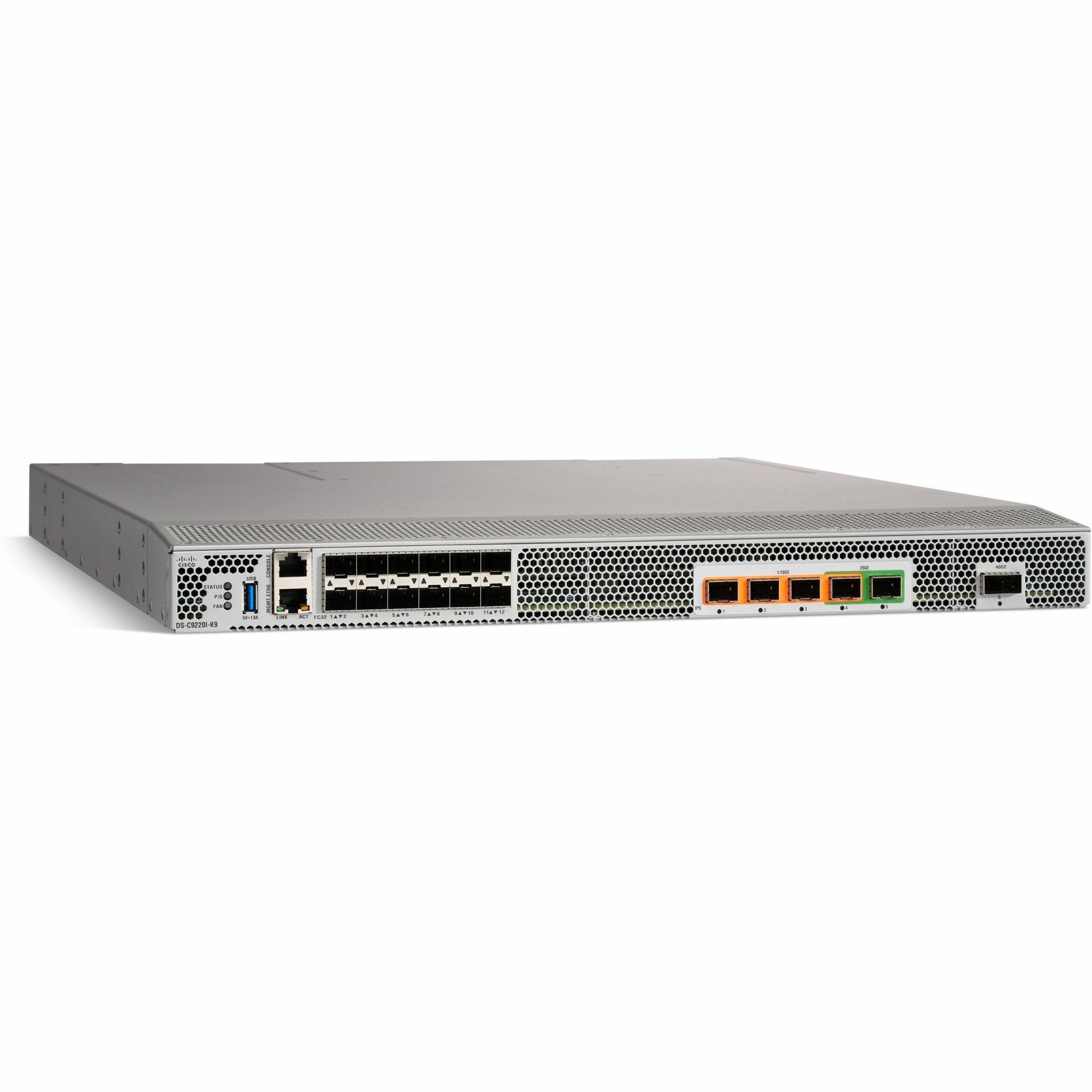 Cisco MDS 9220i Fibre Channel Switch - 12 Ports - 12 Fiber Channel Ports - 40 Gigabit Ethernet, 32 Gigabit Ethernet, 10 Gigabit Ethernet, 25 Gigabit Ethernet, Gigabit Ethernet - Manageable - Rack-moun