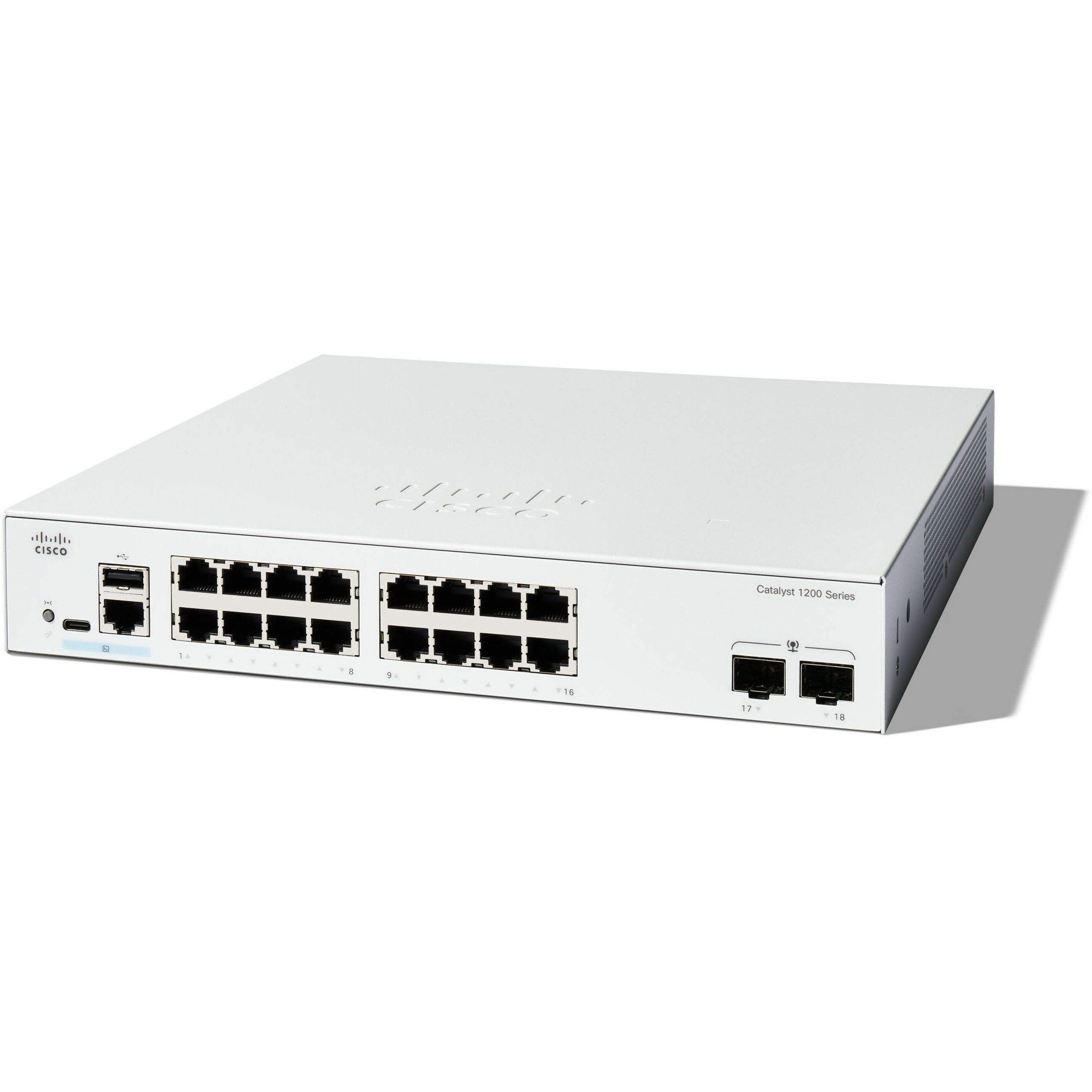 Cisco Catalyst C1200-16T-2G Ethernet Switch - 16 Ports - Manageable - Gigabit Ethernet - 1000Base-X, 10/100/1000Base-T - Refurbished - 3 Layer Supported - Modular - 2 SFP Slots - 18.37 W Power Consump