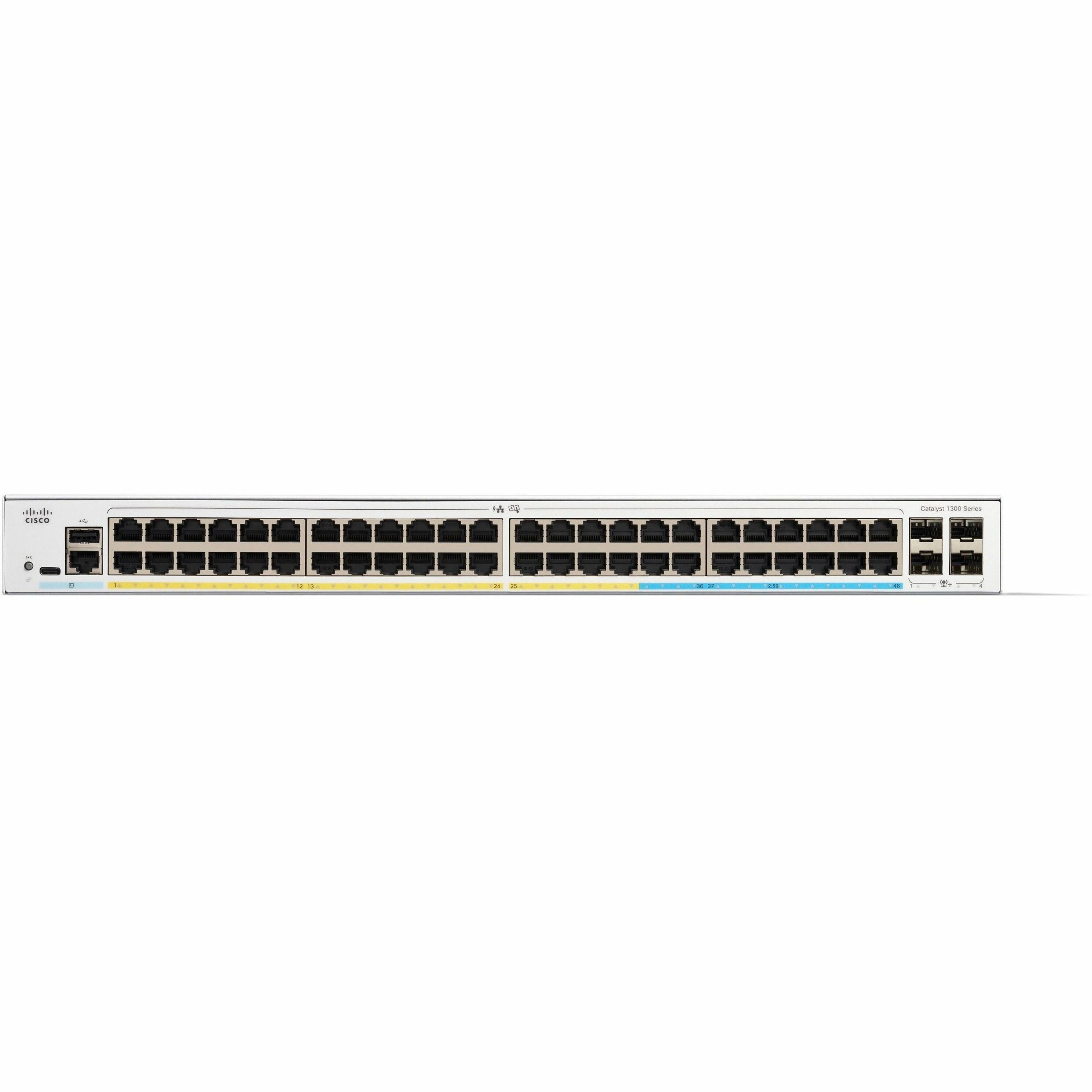 Cisco Catalyst C1300-48MGP-4X Layer 3 Switch - 48 Ports - Manageable - Gigabit Ethernet - 10/100/1000Base-T, 1000Base-X, 2.5GBase-T - Refurbished - 3 Layer Supported - Modular - 4 SFP Slots - 93.60 W 
