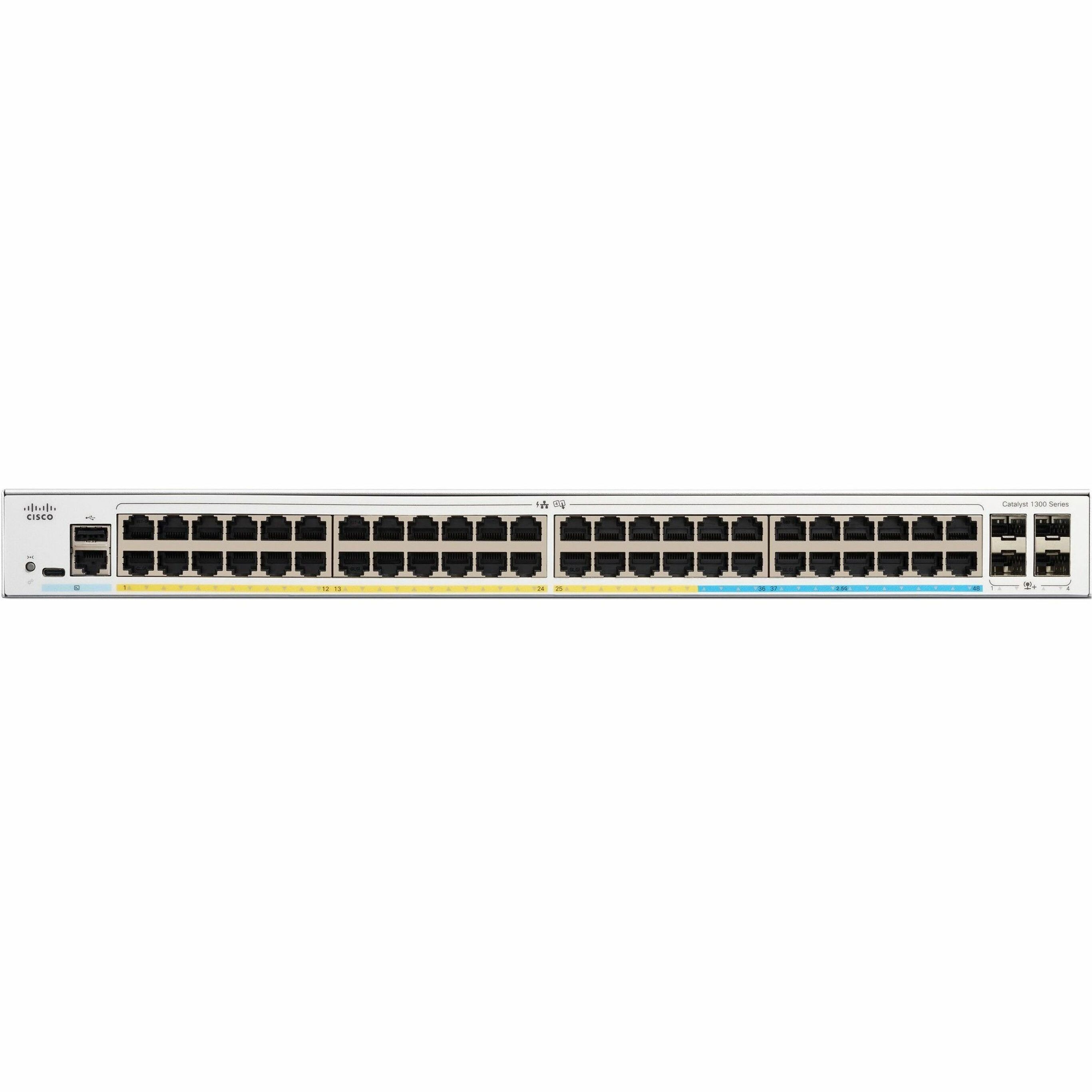Cisco Catalyst C1300-48P-4X Ethernet Switch - 48 Ports - Manageable - 10 Gigabit Ethernet - 10/100/1000Base-T, 10GBase-X - Refurbished - 3 Layer Supported - Modular - 463.32 W Power Consumption - 370 