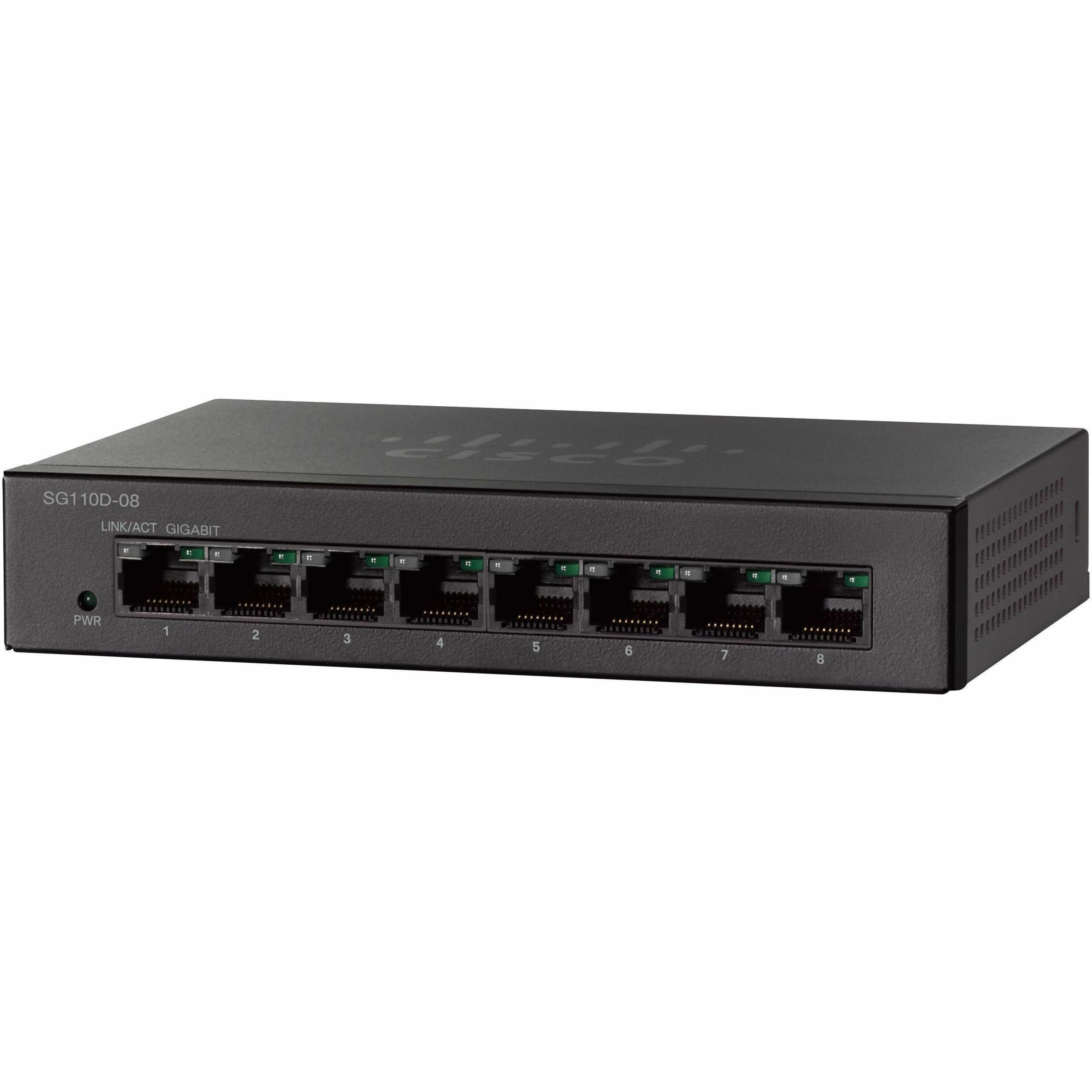 Cisco SG110D-08 Ethernet Switch - 8 Ports - Gigabit Ethernet - 1000Base-X - Refurbished - 2 Layer Supported - Wall Mountable, Rack-mountable, Desktop - Lifetime Limited Warranty
